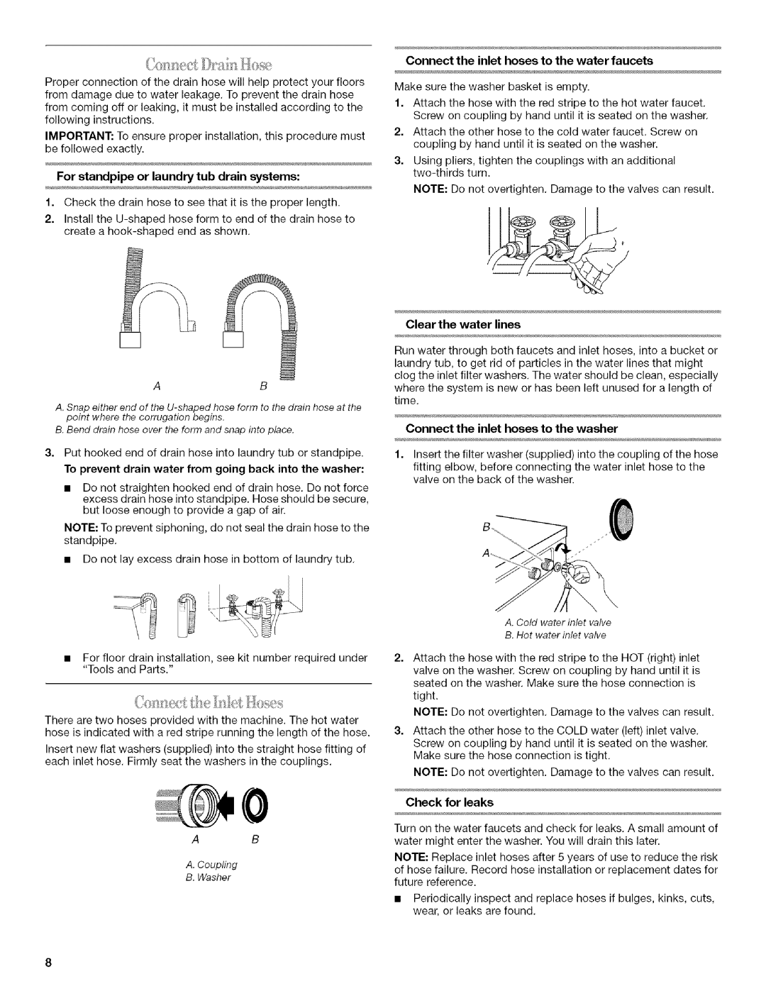 Inglis Home Appliances Washer manual Connect the inlet hoses to the washer, Check for leaks 