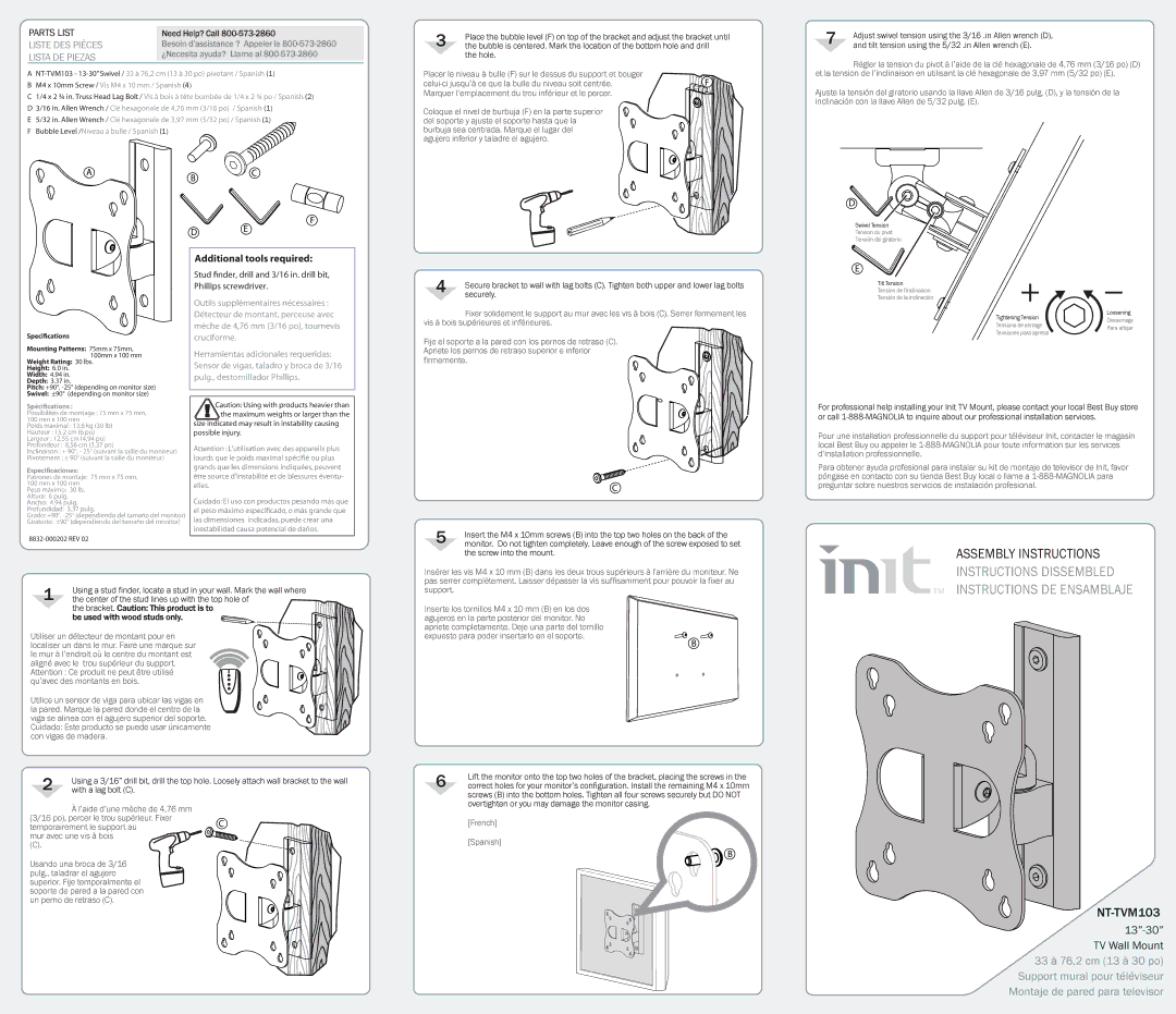 Init NT-TVM103, 8832-000202 dimensions Need Help? Call, Allen wrench E, Securely, Screw into the mount, With a lag bolt C 