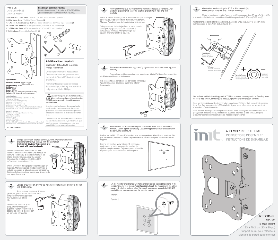 Init NT-TVM103 dimensions Assembly Instructions, Instructions Dissembled Instructions De Ensamblaje, Parts List 