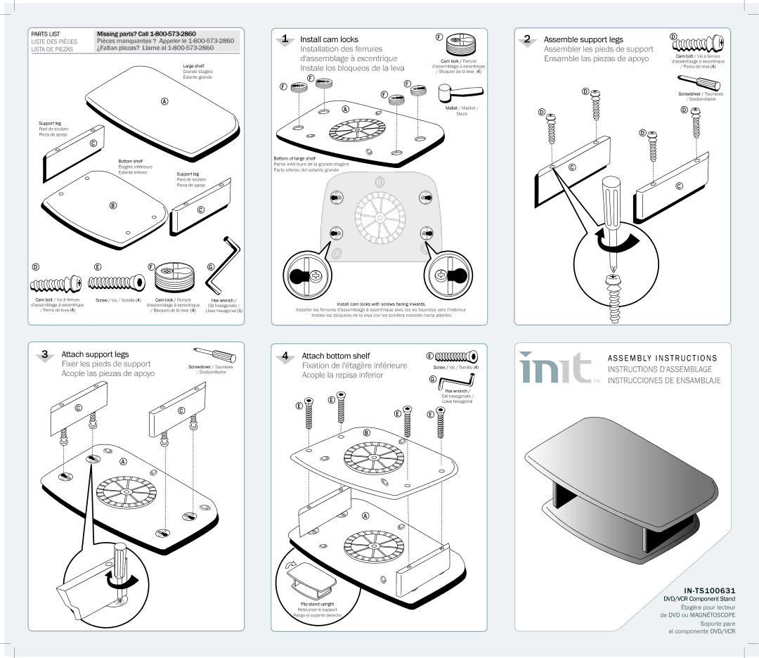 Init IN-TX100631 manual Instale los bloqueos de la leva, Attach support legs Fixer les pieds de support 