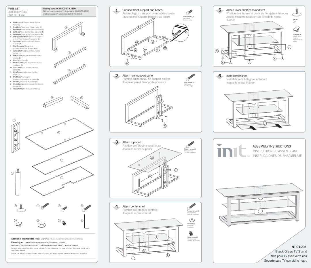 Init NT-C1205 manual Ensamble el soporte frontal y las bases, Acople las almohadillas y los pies de la repisa inferior 