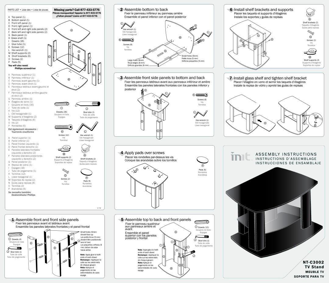 Init NT-C3002 manual Assemble bottom to back, Assemble front side panels to bottom and back, Apply pads over screws 