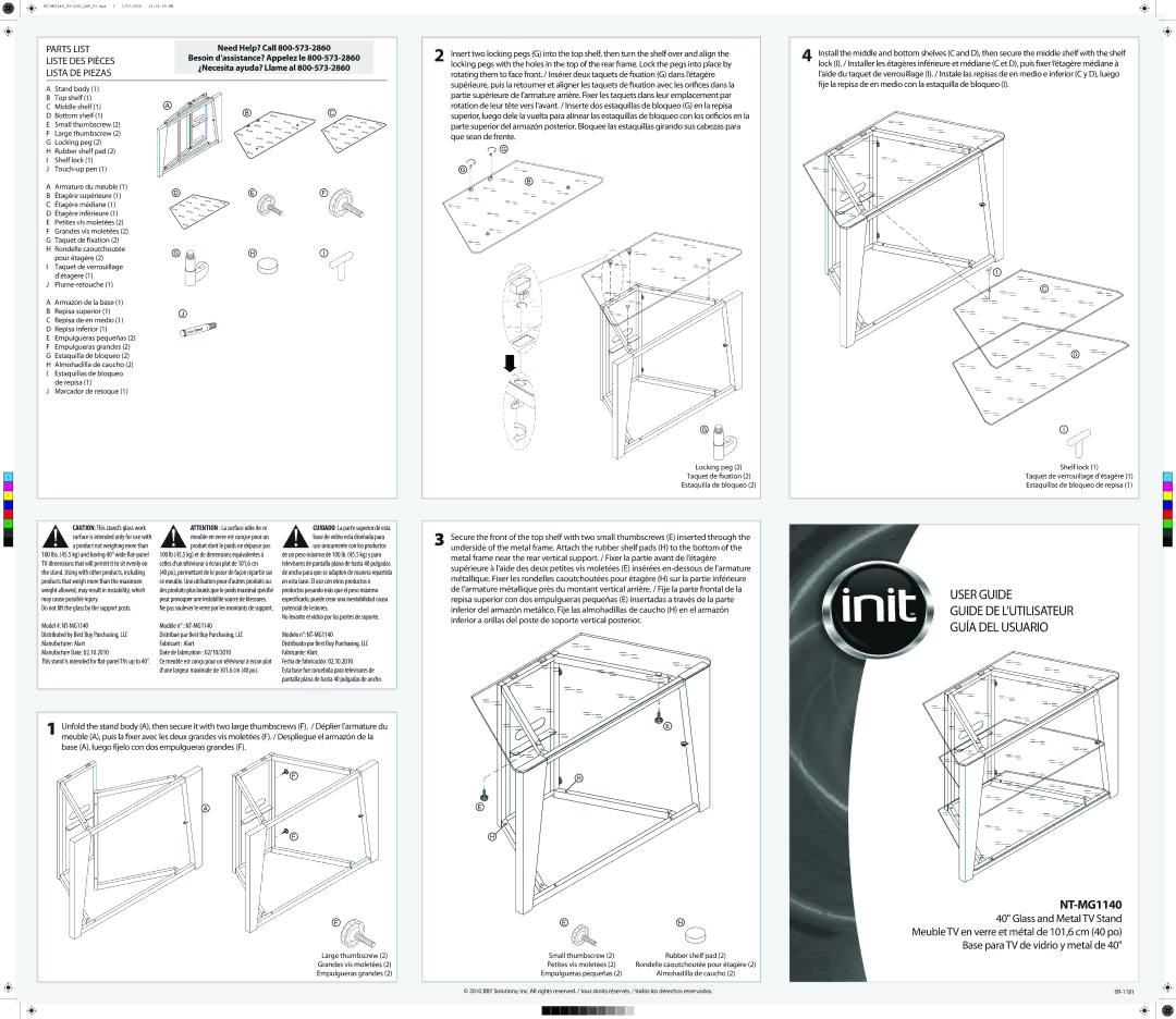 Init NT-MG1140 dimensions User Guide Guide DE L’UTILISATEUR Guía DEL Usuario, Base para TV de vidrio y metal de 