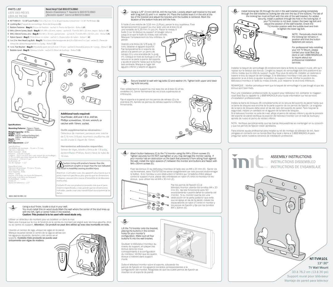 Init NT-TVM101 dimensions Outils supplémentaires nécessaires, Herramientas adicionales requeridas 