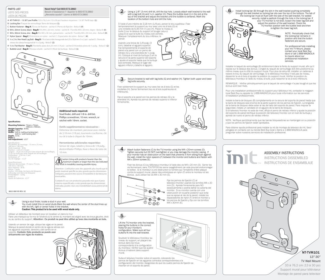 Init NT-TVM101 dimensions Assembly Instructions, Instructions Dissembled Instructions De Ensamblaje, Parts List, 10 mm 