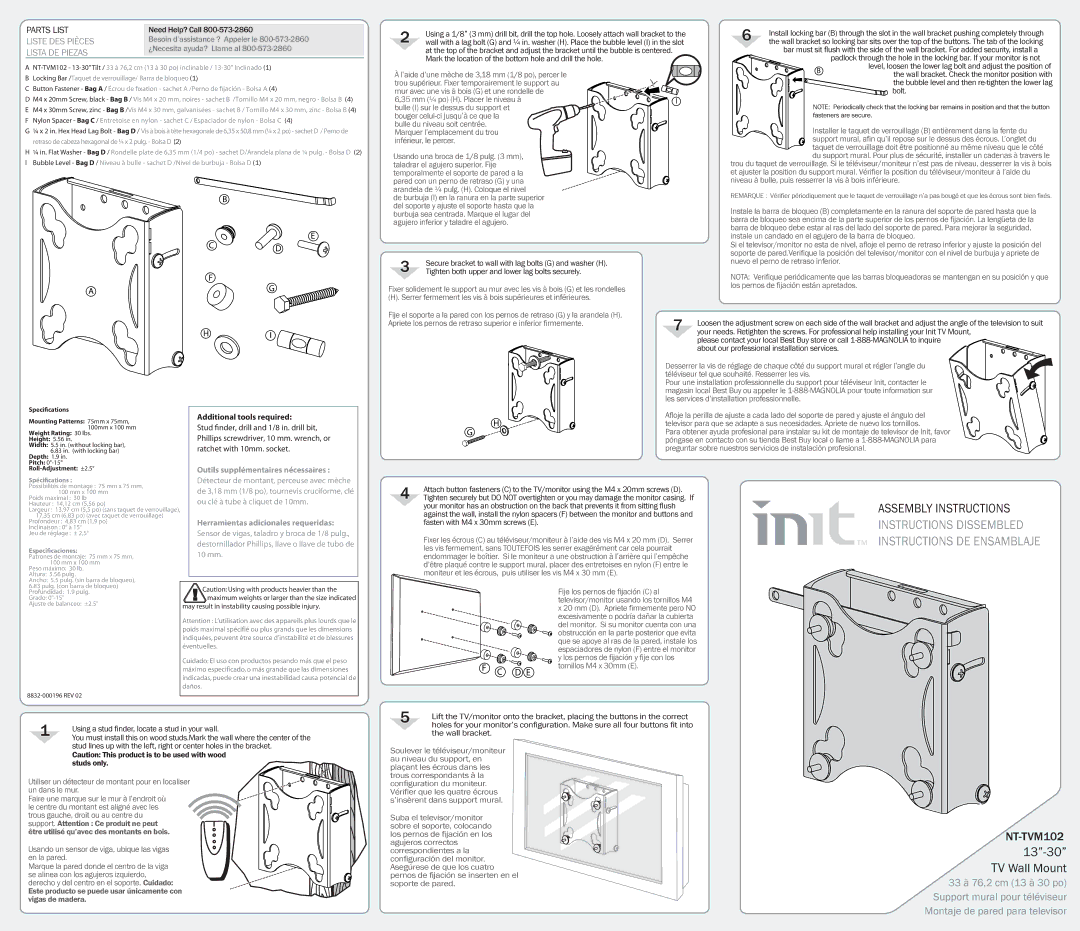 Init NT-TVM102 dimensions Outils supplémentaires nécessaires, Détecteur de montant, perceuse avec mèche, 10 mm 