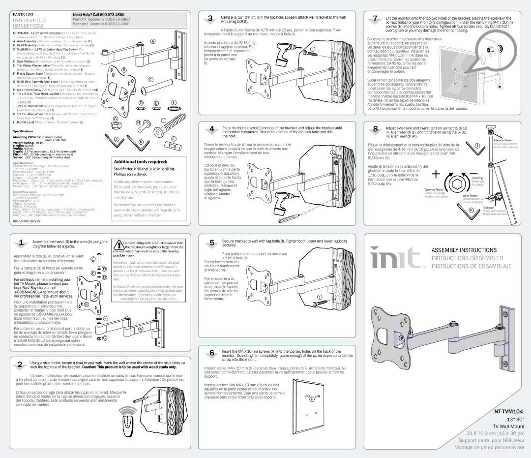 Init 8832-000203 dimensions NT-TVM104, Liste DES Pièces, Lista DE Piezas, Additional tools required 