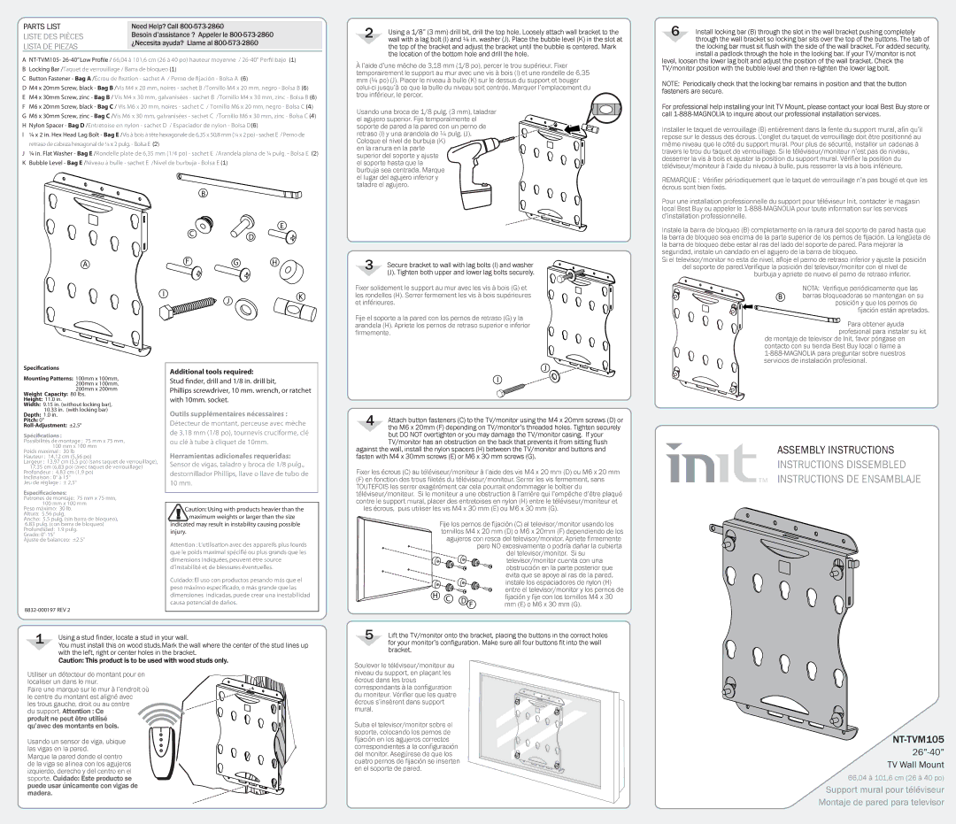 Init NT-TVM105 dimensions Outils supplémentaires nécessaires, Herramientas adicionales requeridas 