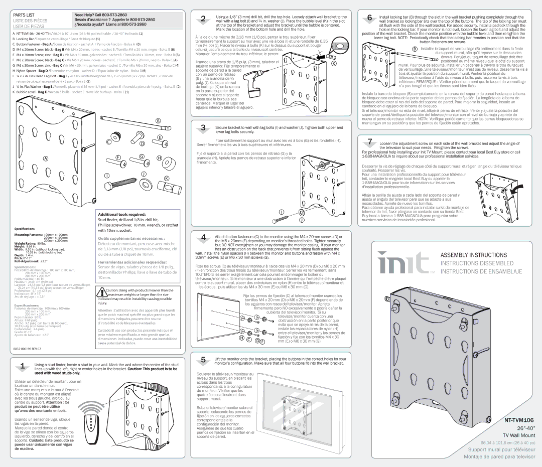 Init 8832-000198, NT-TVM106 dimensions Outils supplémentaires nécessaires, Herramientas adicionales requeridas 