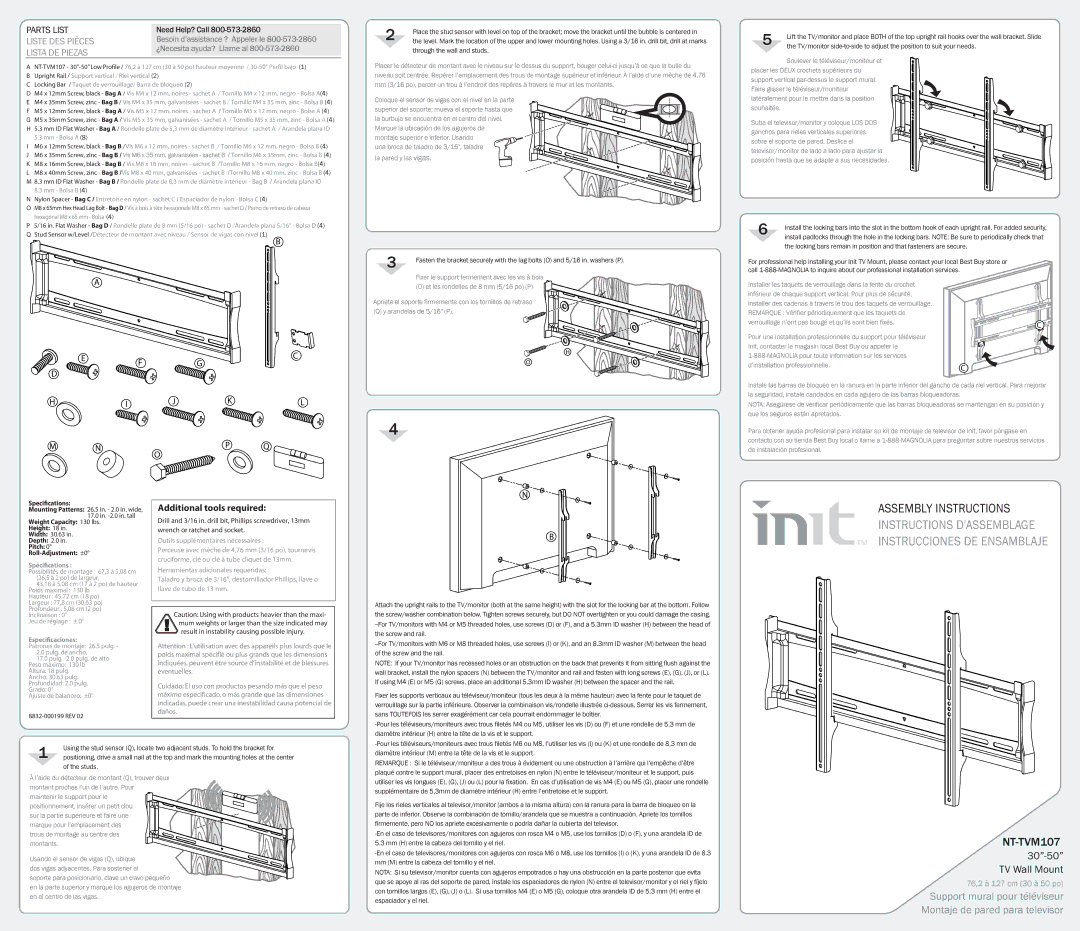 Init NT-TVM107 dimensions Liste DES Pièces, Lista DE Piezas, Additional tools required, Np Q O 