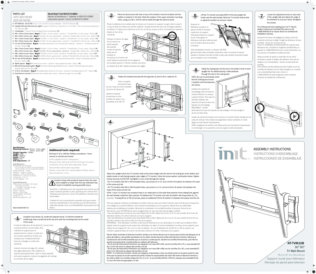 Init NT-TVM108 manual Spécications, Especicaciones 