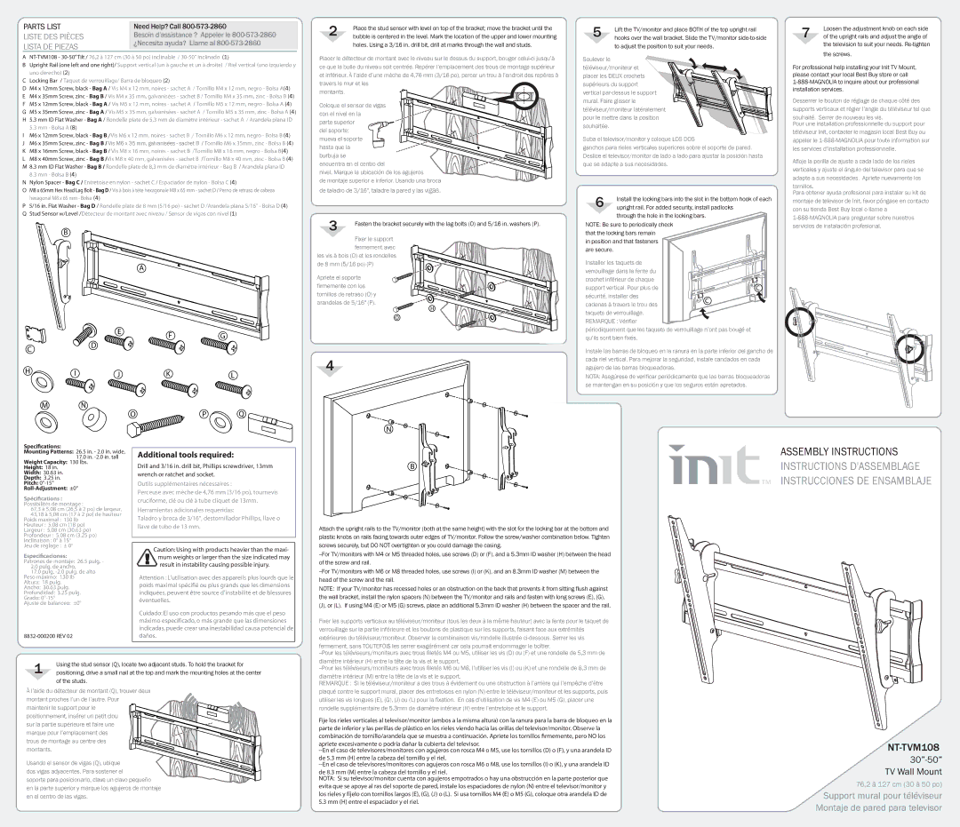 Init NT-TVM108 dimensions Spécications, Especicaciones 