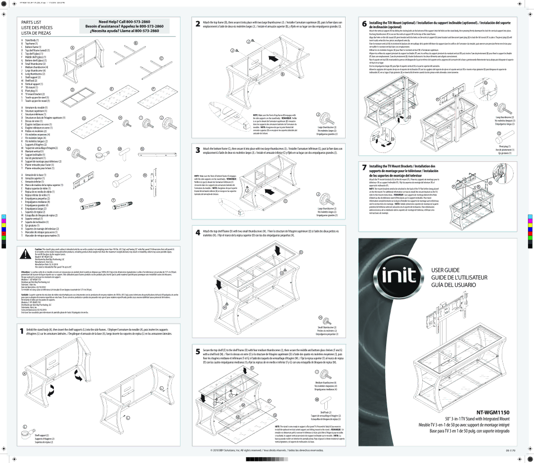 Init NT-WGM1150 dimensions User Guide, Guide DE L’UTILISATEUR, Guía DEL Usuario, 50 3-in-1 TV Stand with Integrated Mount 