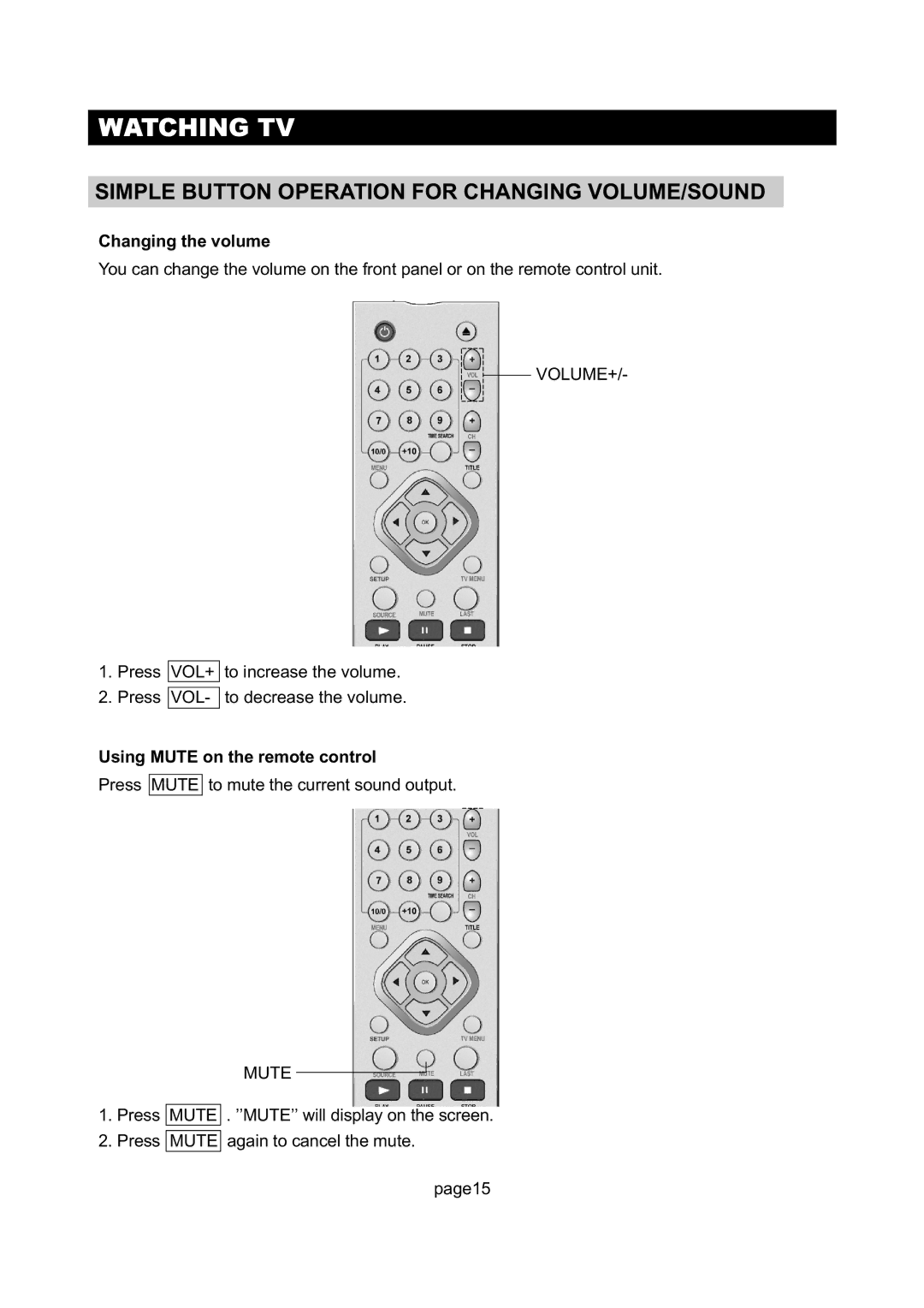 Initial DTV-171 Simple Button Operation for Changing VOLUME/SOUND, Changing the volume, Using Mute on the remote control 