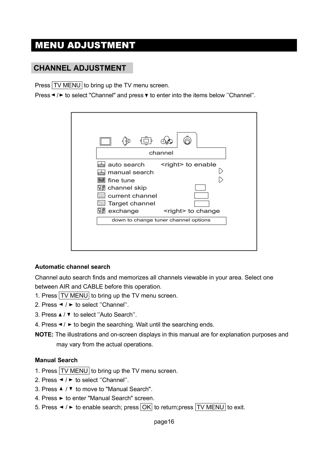 Initial DTV-171 manual Menu Adjustment, Channel Adjustment, Automatic channel search, Manual Search 