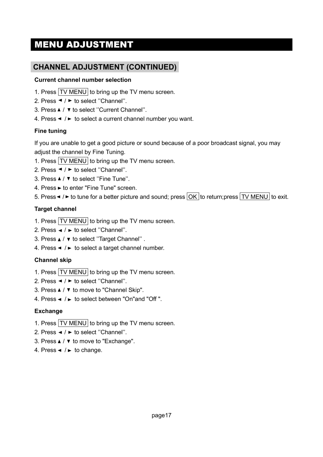 Initial DTV-171 manual Current channel number selection, Fine tuning, Target channel, Channel skip, Exchange 