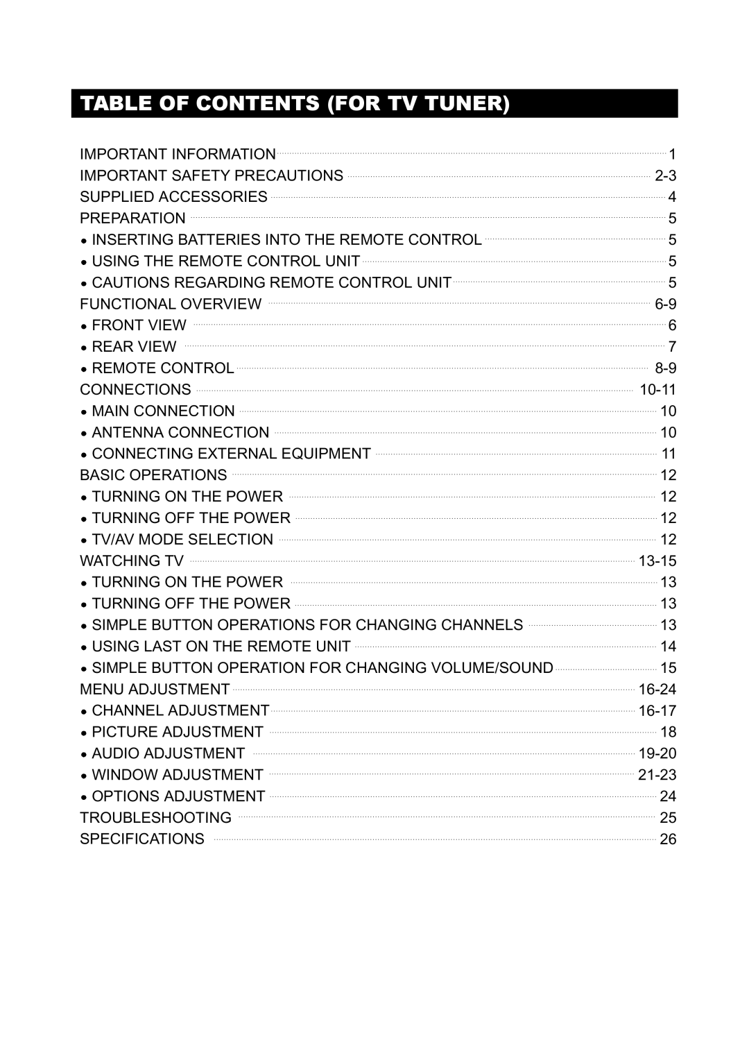 Initial DTV-171 manual Table of Contents for TV Tuner 