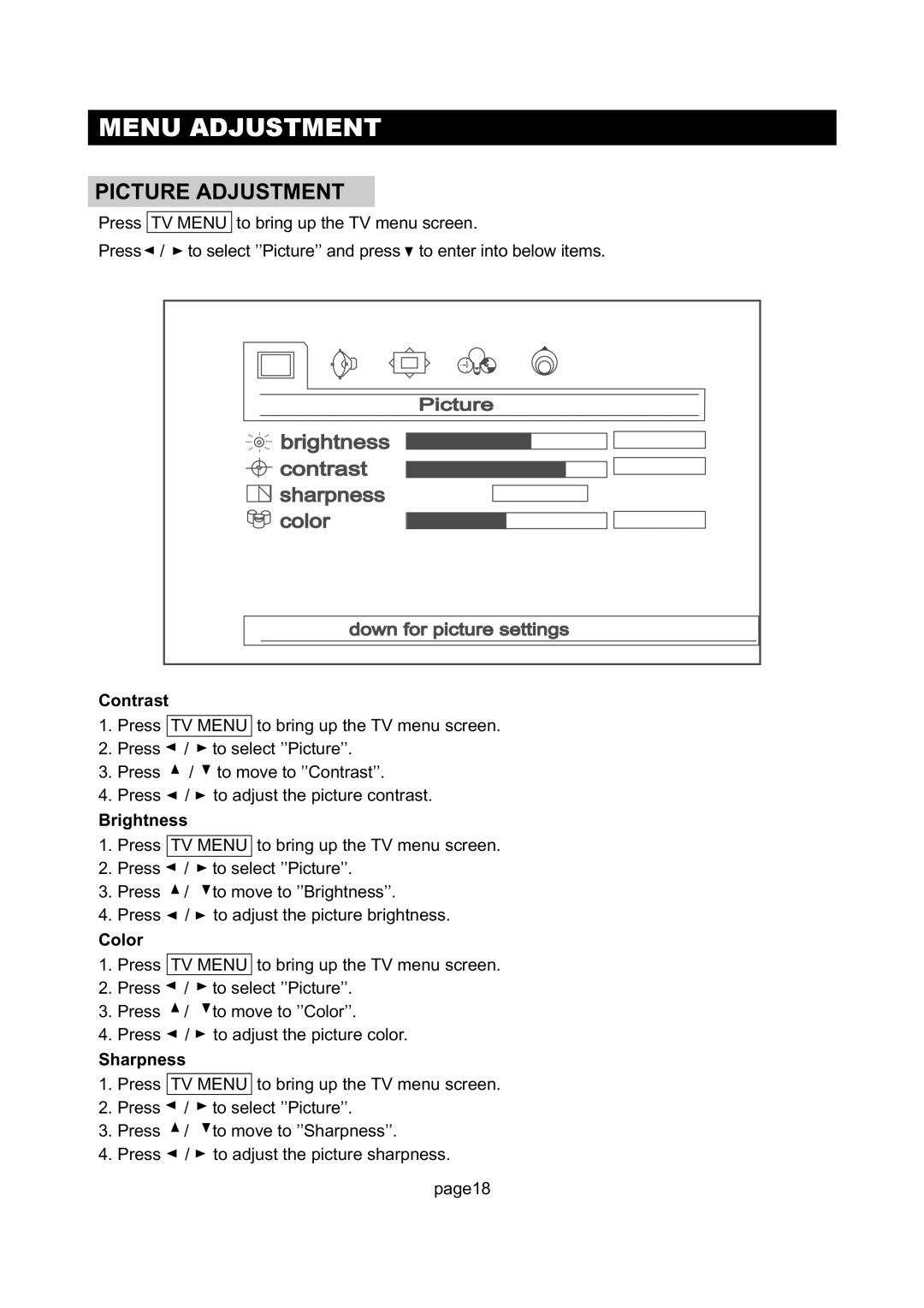 Initial DTV-171 manual Picture Adjustment, Contrast, Brightness, Color, Sharpness 