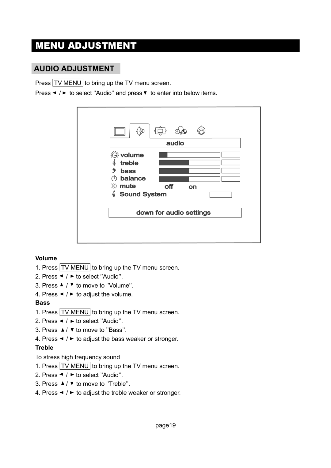 Initial DTV-171 manual Audio Adjustment, Volume, Bass, Treble 