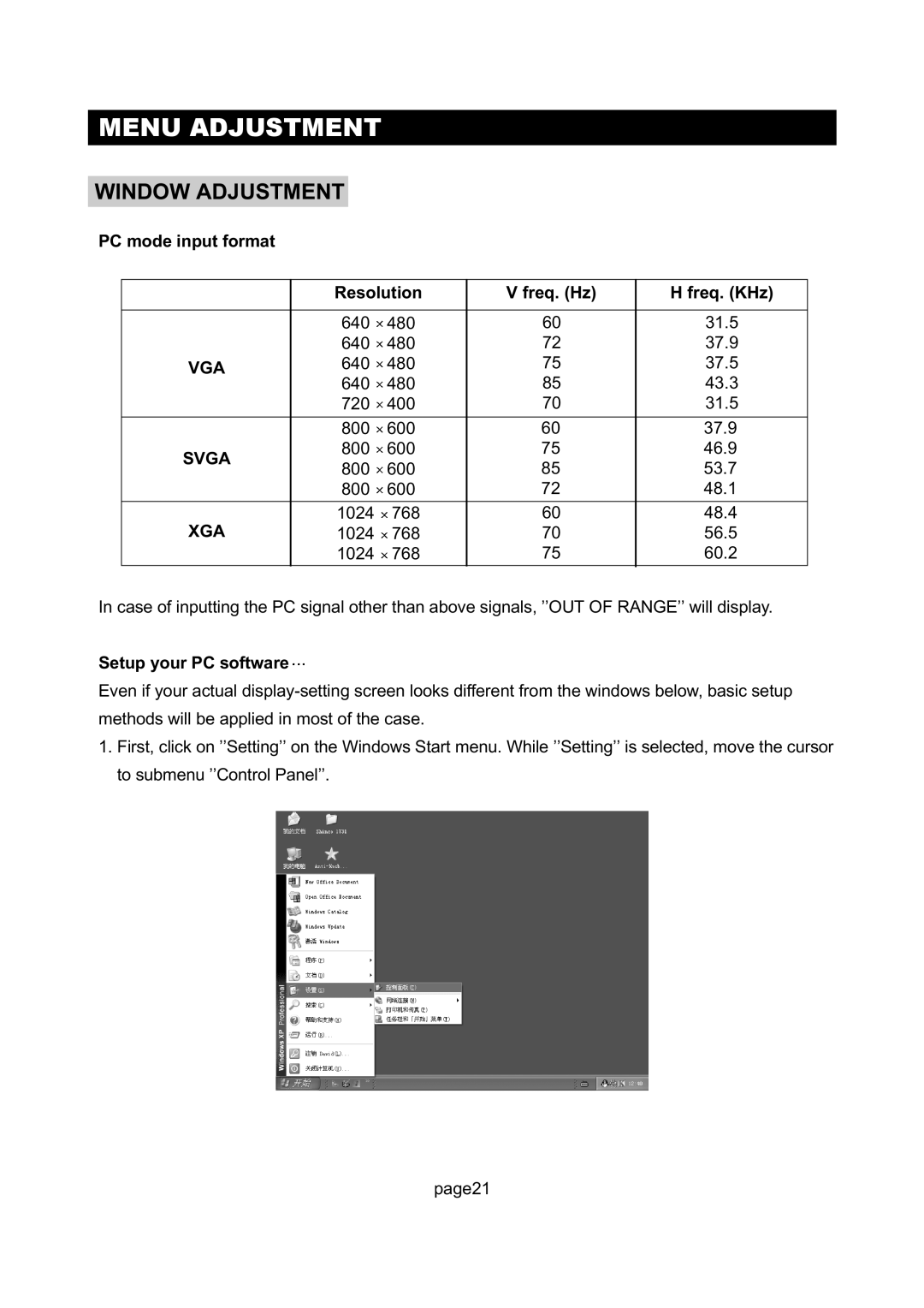 Initial DTV-171 manual Window Adjustment, PC mode input format Resolution Freq. Hz Freq. KHz, Setup your PC software 