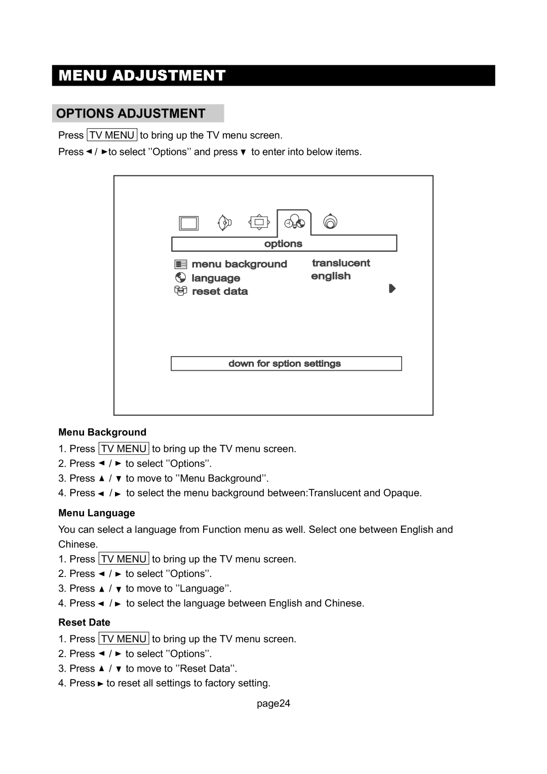 Initial DTV-171 manual Options Adjustment, Menu Background, Menu Language, Reset Date 