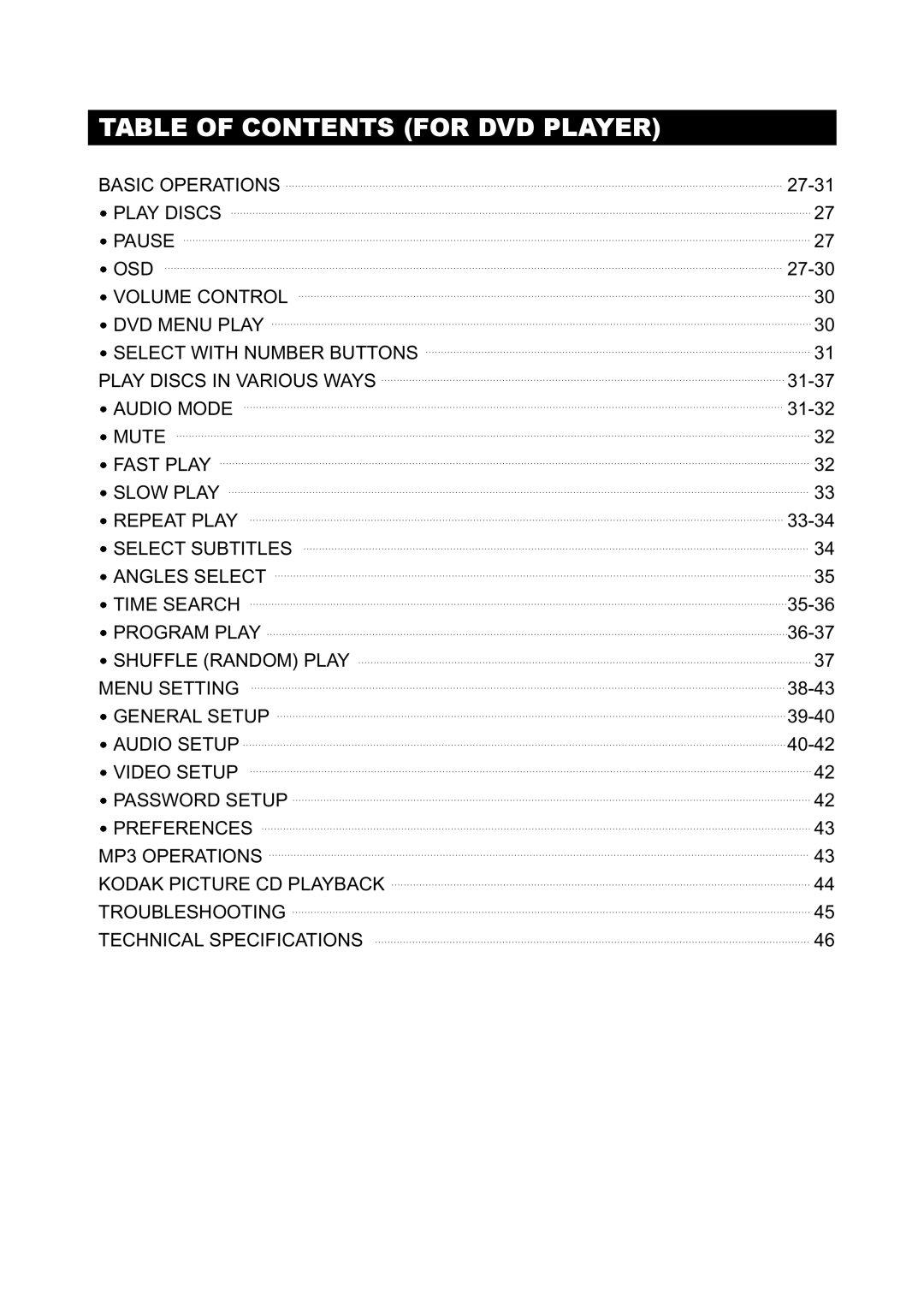 Initial DTV-171 manual Table of Contents for DVD Player 