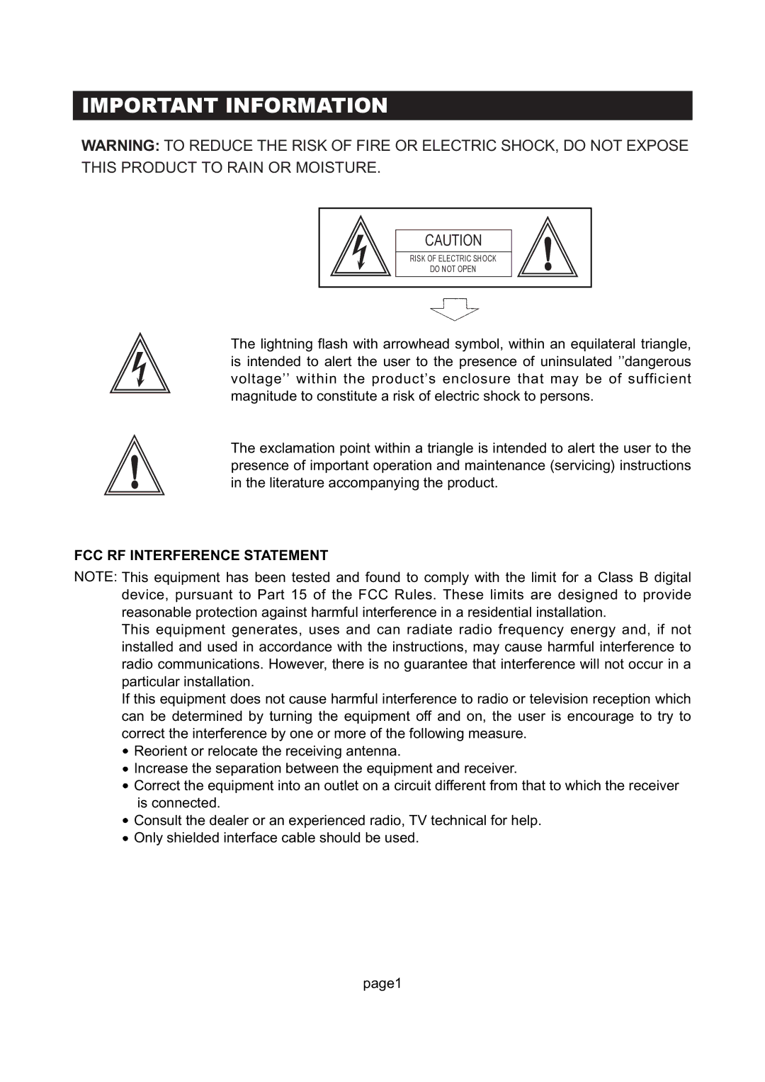 Initial DTV-171 manual Important Information, FCC RF Interference Statement 