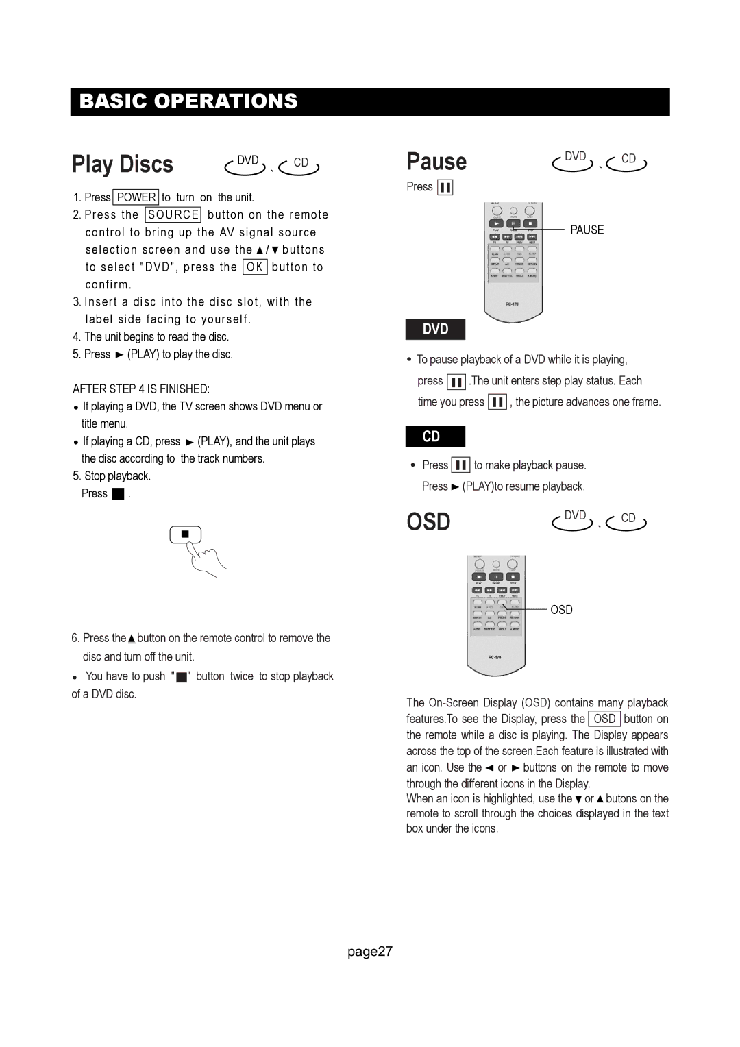 Initial DTV-171 manual Play Discs, Pause 