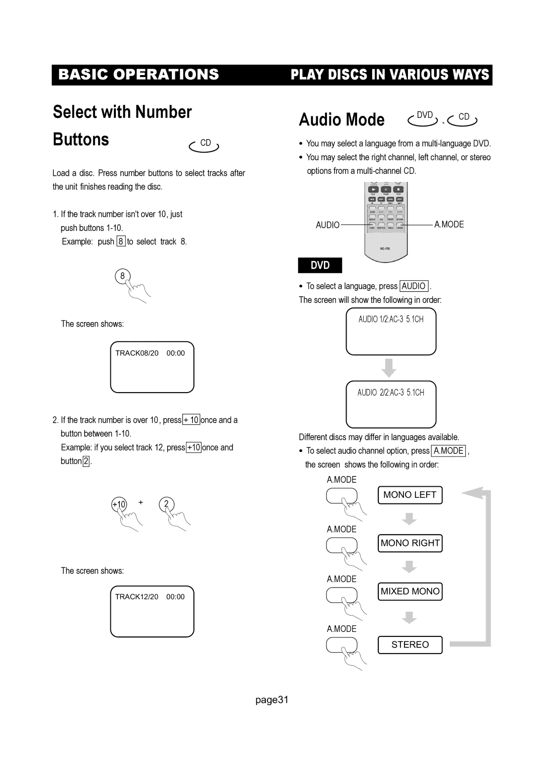Initial DTV-171 manual Select with Number ButtonsCD, Audio Mode, Play Discs in Various Ways, Audioa.Mode 