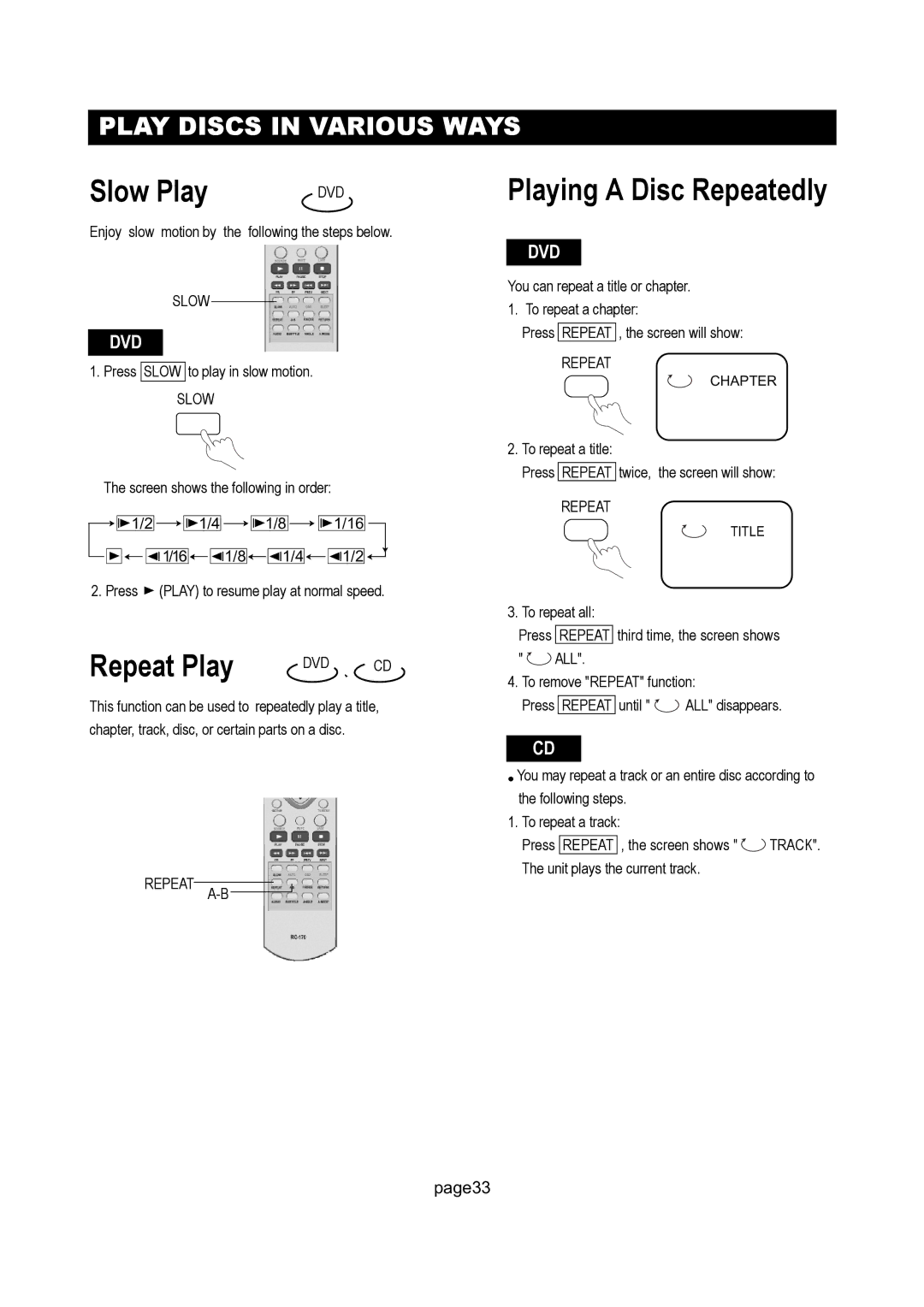 Initial DTV-171 manual Slow Play, Playing a Disc Repeatedly, Repeat Play 