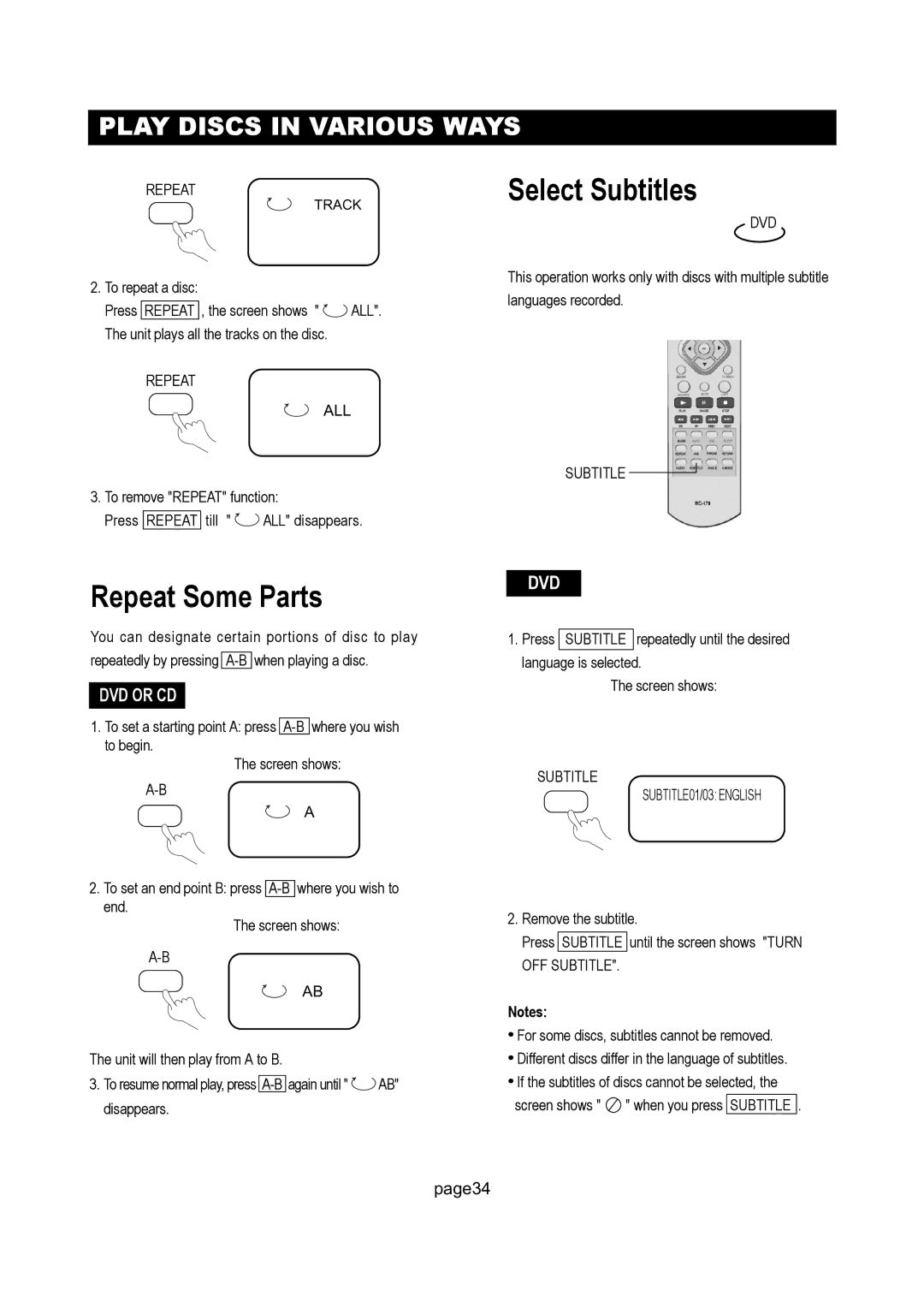 Initial DTV-171 manual Repeat Some Parts, Select Subtitles 