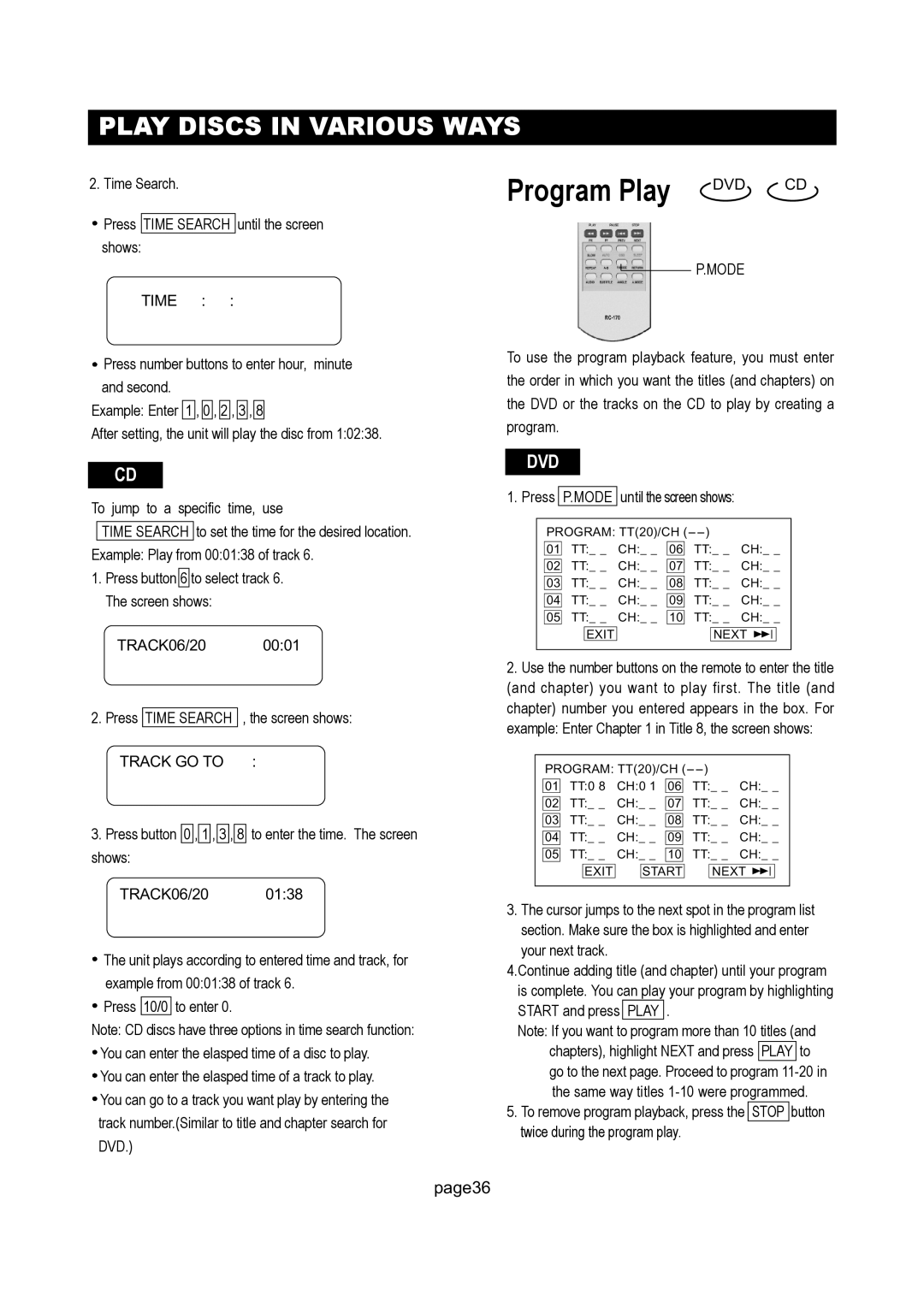 Initial DTV-171 manual Program Play, Track GO to, Mode 