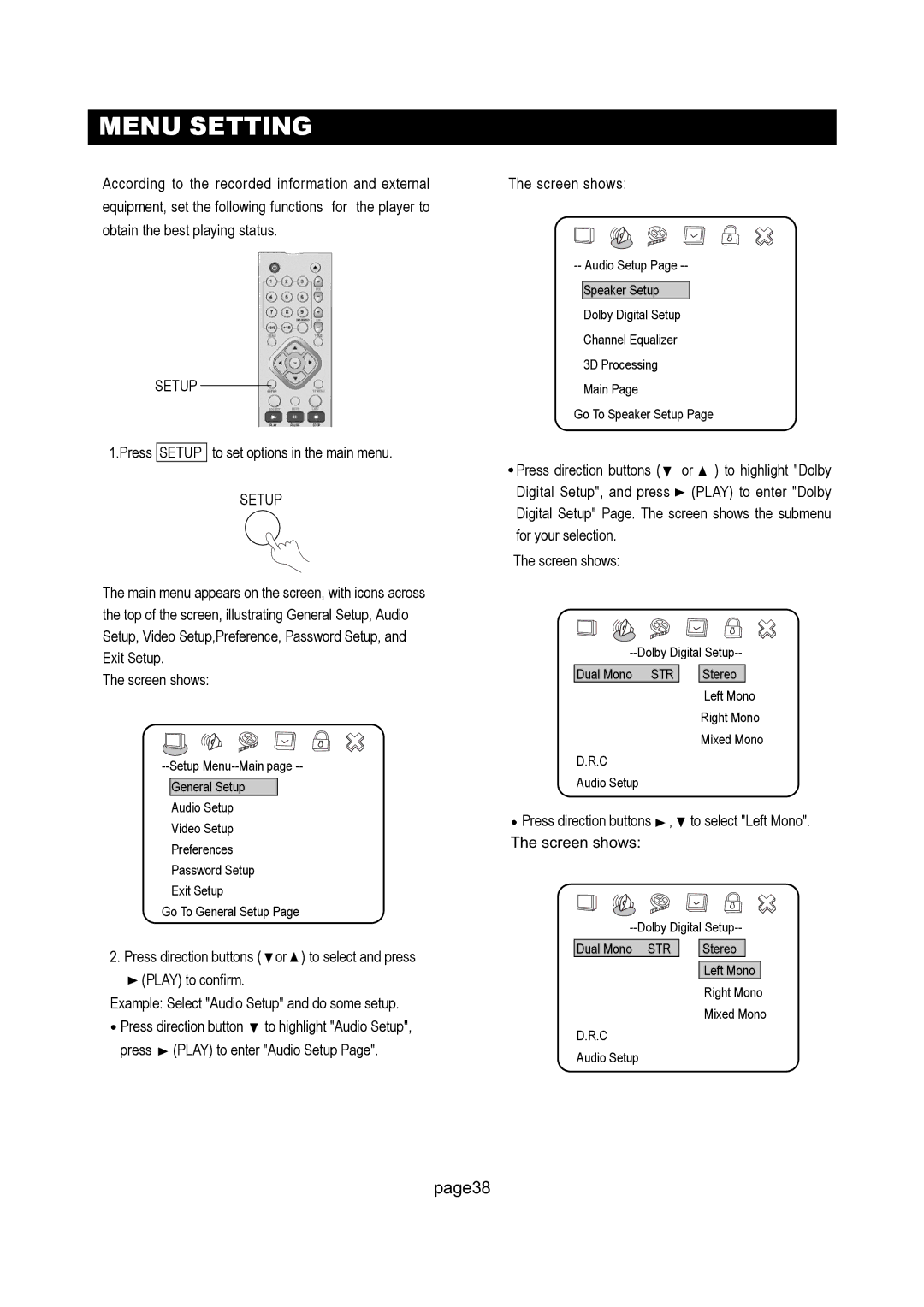 Initial DTV-171 manual Menu Setting, Setup 