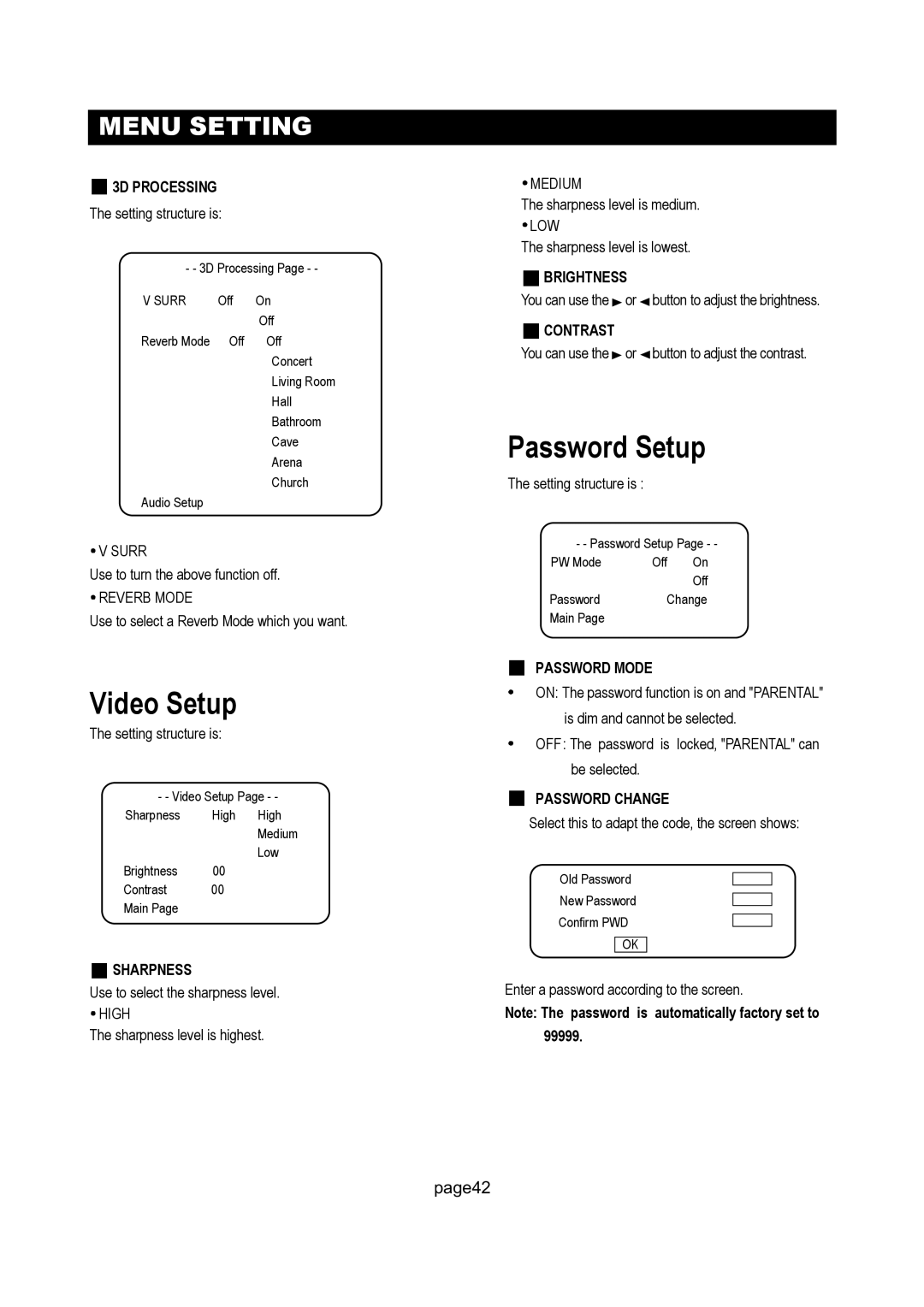 Initial DTV-171 manual Video Setup, Password Setup 