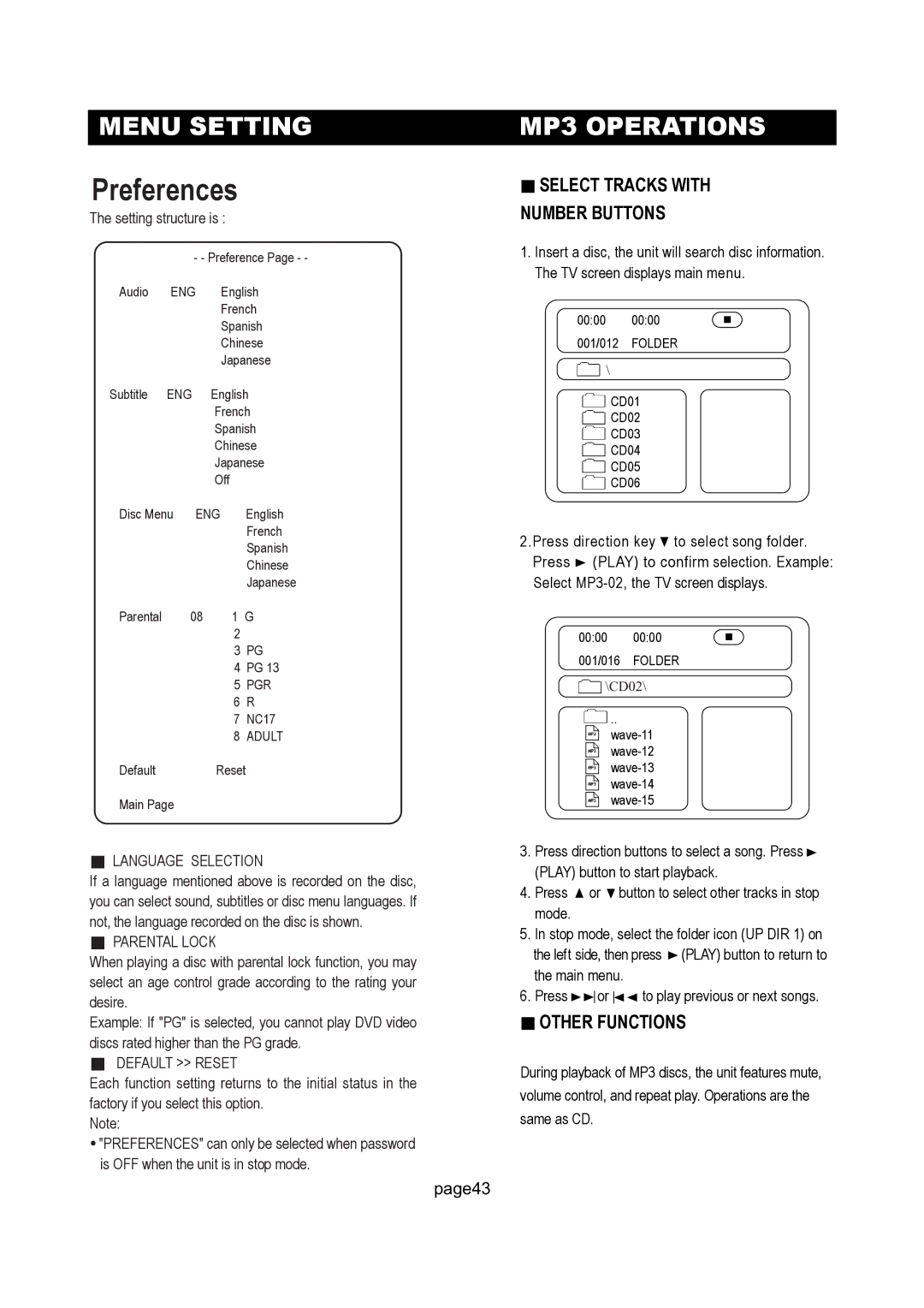 Initial DTV-171 manual Preferences, MP3 Operations, Language Selection, Parental Lock, Default Reset 