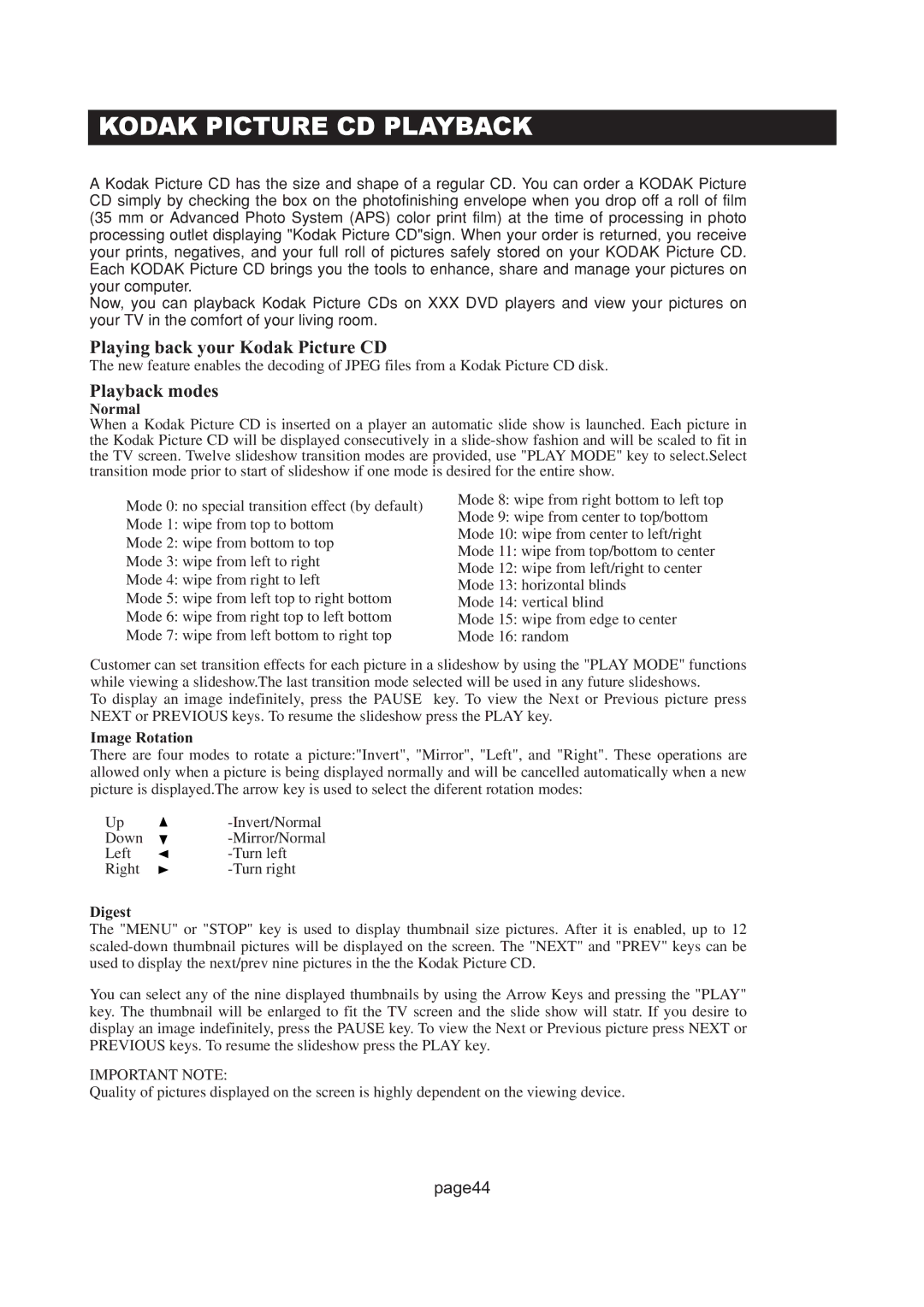 Initial DTV-171 manual Kodak Picture CD Playback, Playback modes 