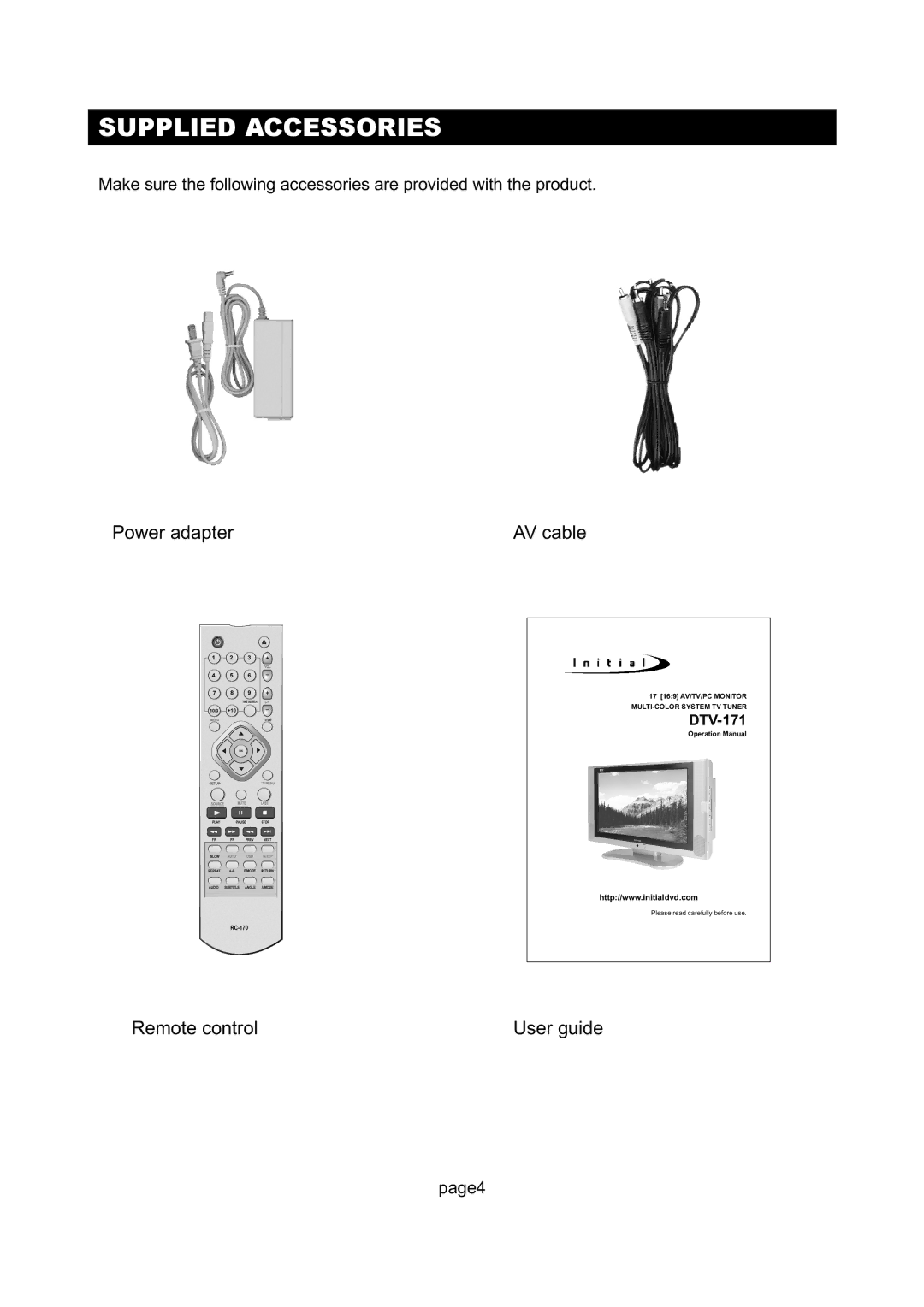 Initial DTV-171 manual Supplied Accessories, Power adapter 