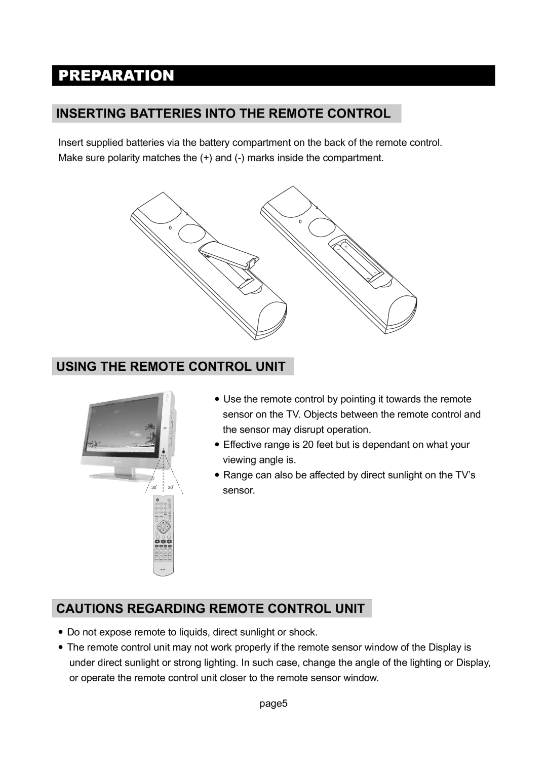 Initial DTV-171 manual Preparation, Inserting Batteries Into the Remote Control, Using the Remote Control Unit 