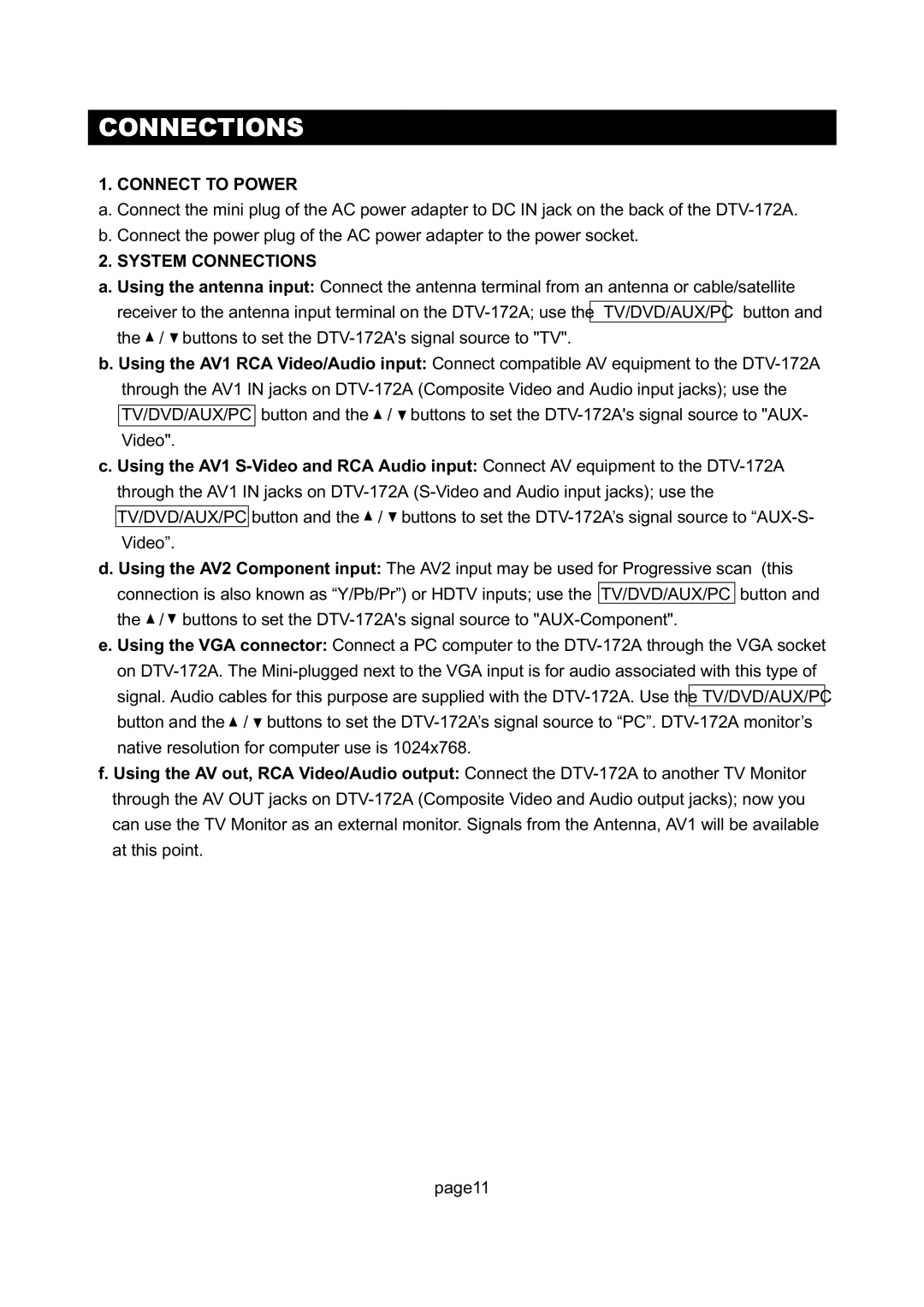 Initial DTV-172A manual Connect to Power, System Connections 