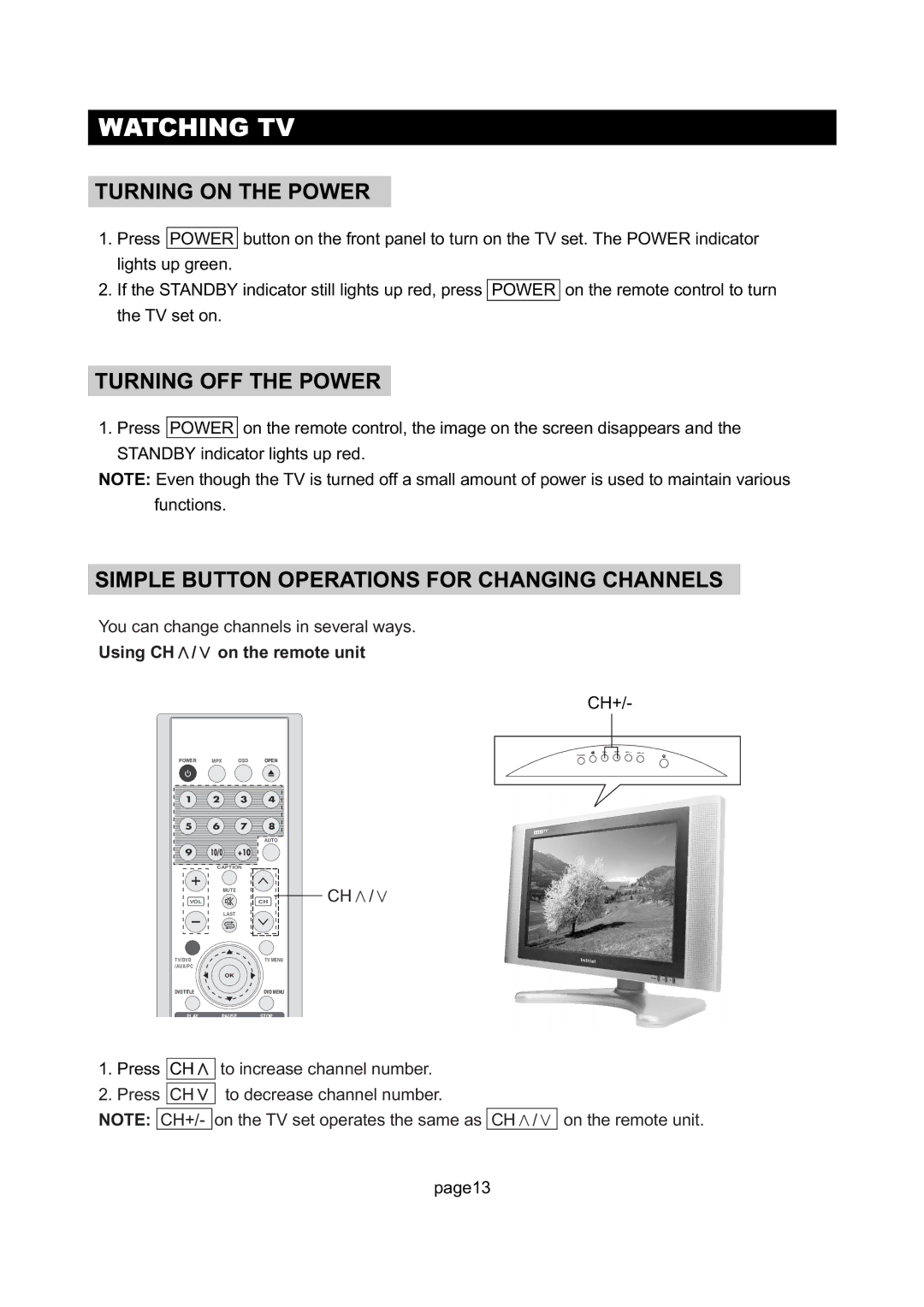 Initial DTV-172A manual Watching TV, Simple Button Operations for Changing Channels, Using CH∧/∨ on the remote unit 