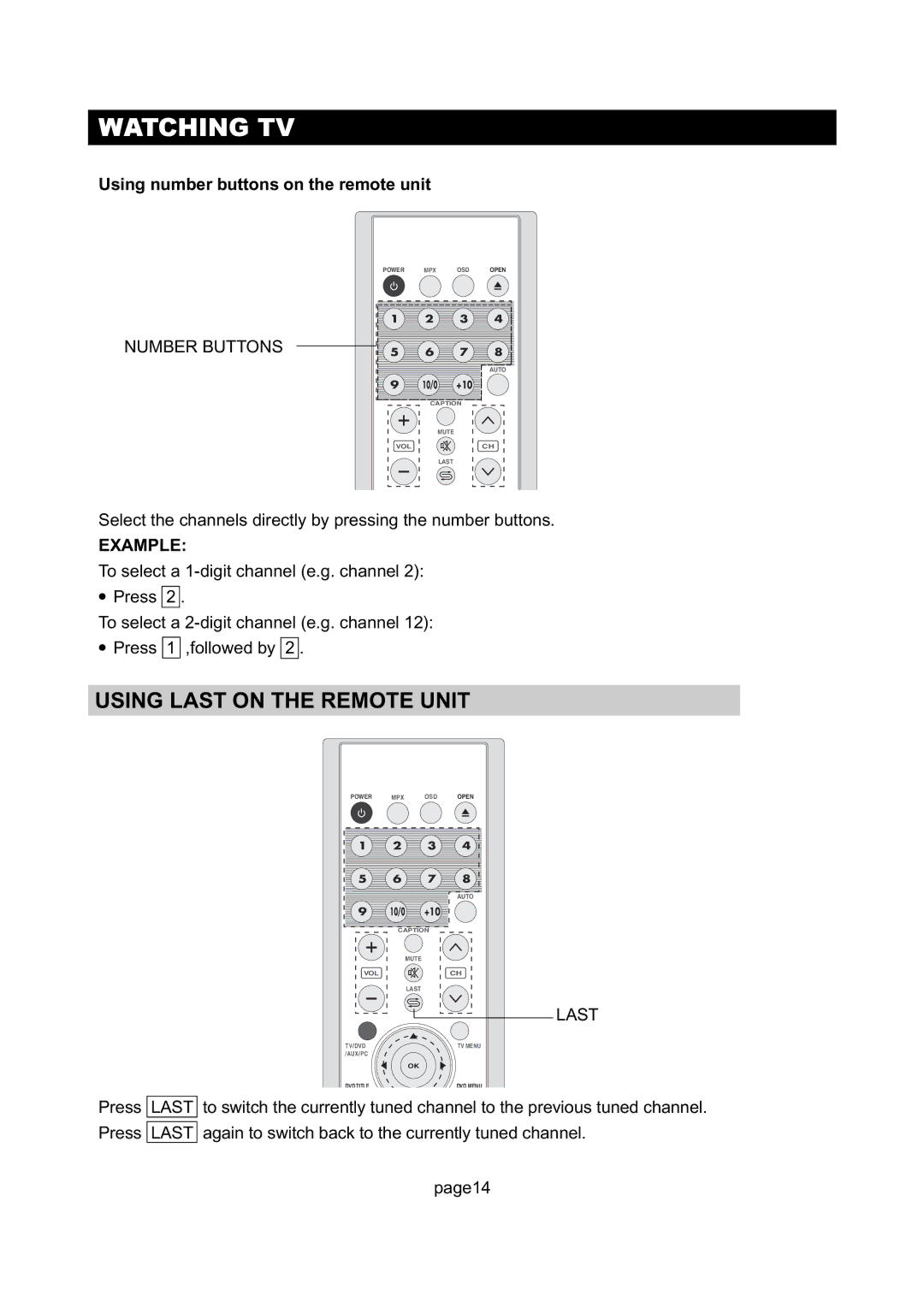 Initial DTV-172A manual Using Last on the Remote Unit, Using number buttons on the remote unit, Example 