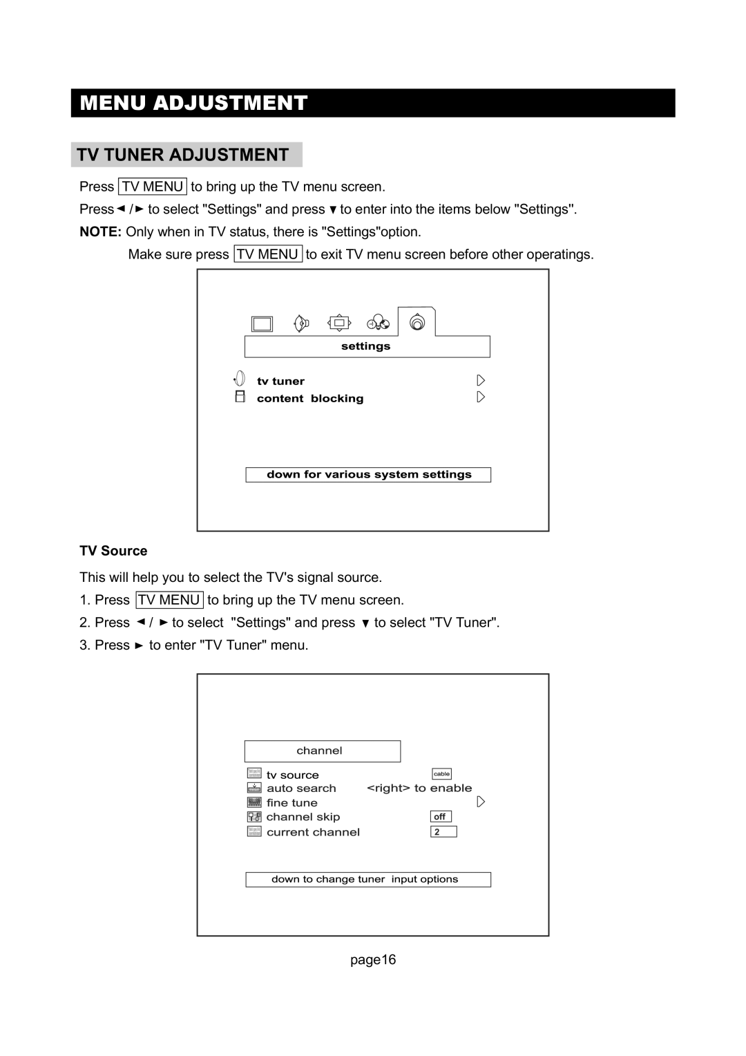 Initial DTV-172A manual Menu Adjustment, TV Tuner Adjustment, TV Source 