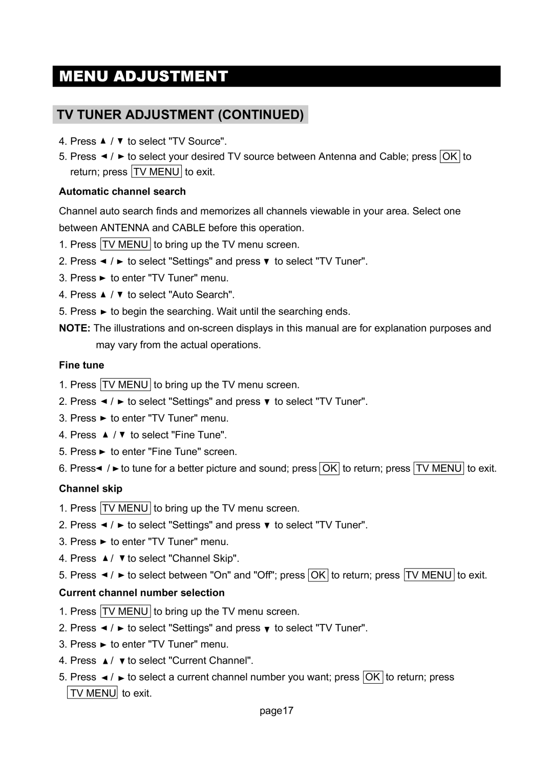 Initial DTV-172A manual Automatic channel search, Fine tune, Channel skip, Current channel number selection 