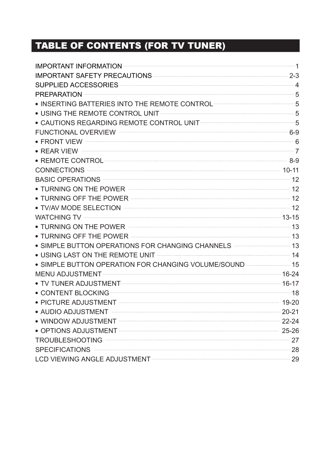 Initial DTV-172A manual Table of Contents for TV Tuner 