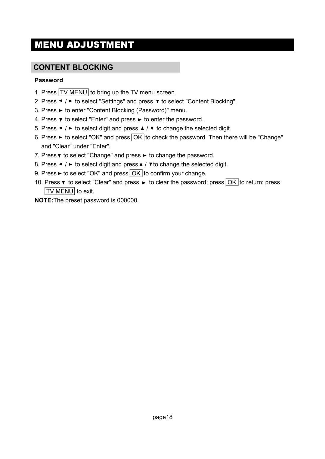 Initial DTV-172A manual Content Blocking, Password 