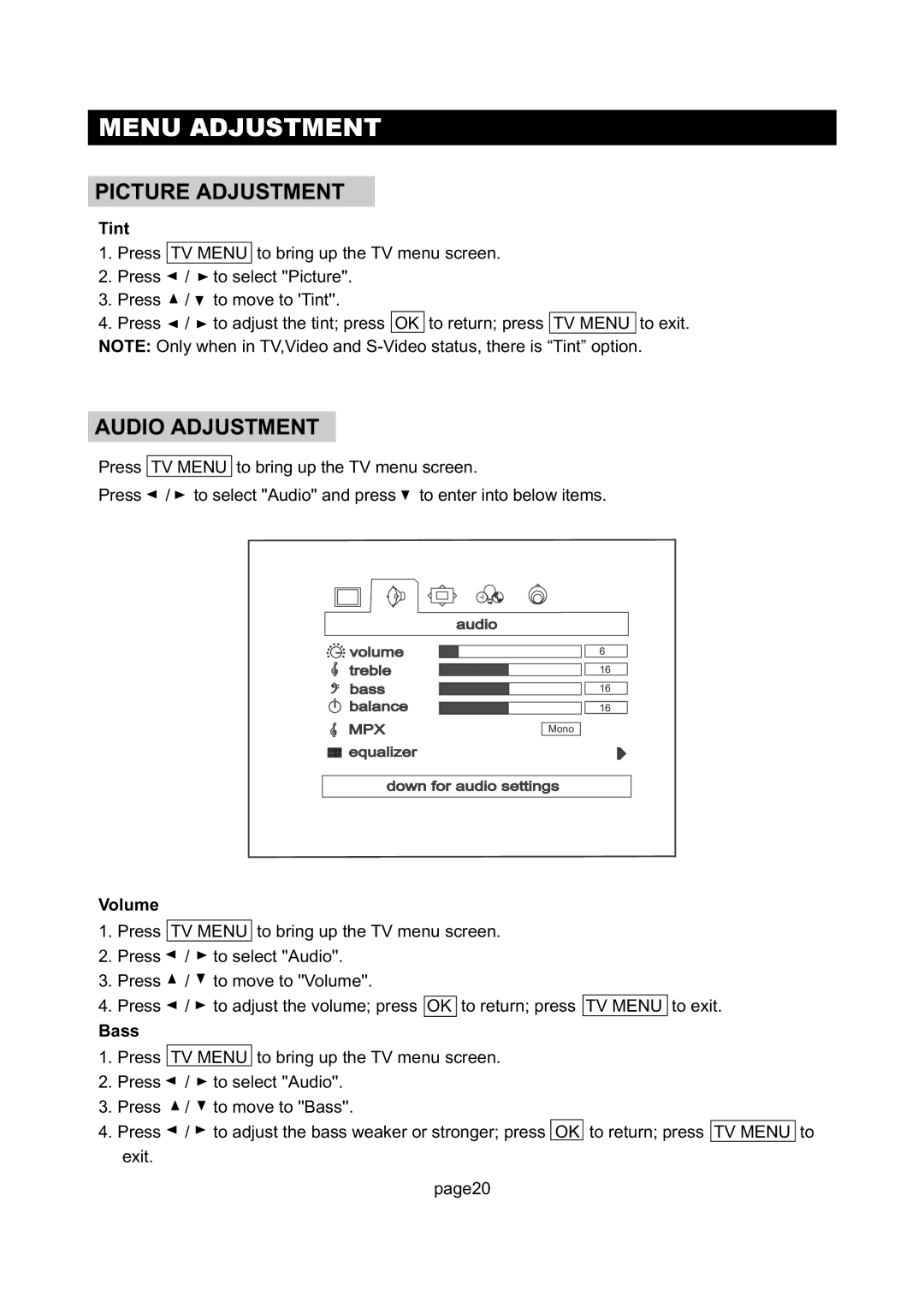 Initial DTV-172A manual Audio Adjustment, Tint, Volume, Bass 