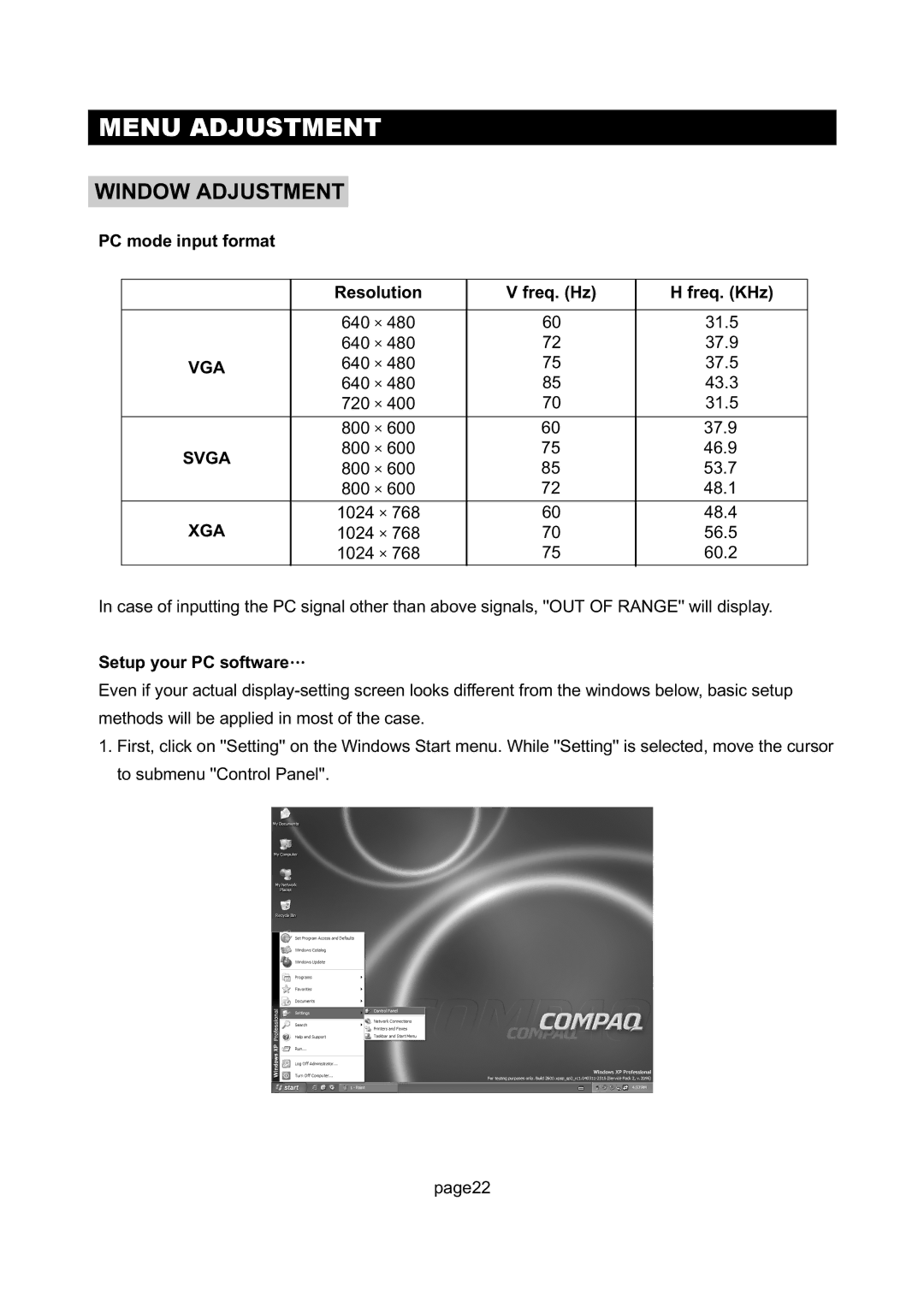 Initial DTV-172A manual Window Adjustment, Vga, Svga, Xga 