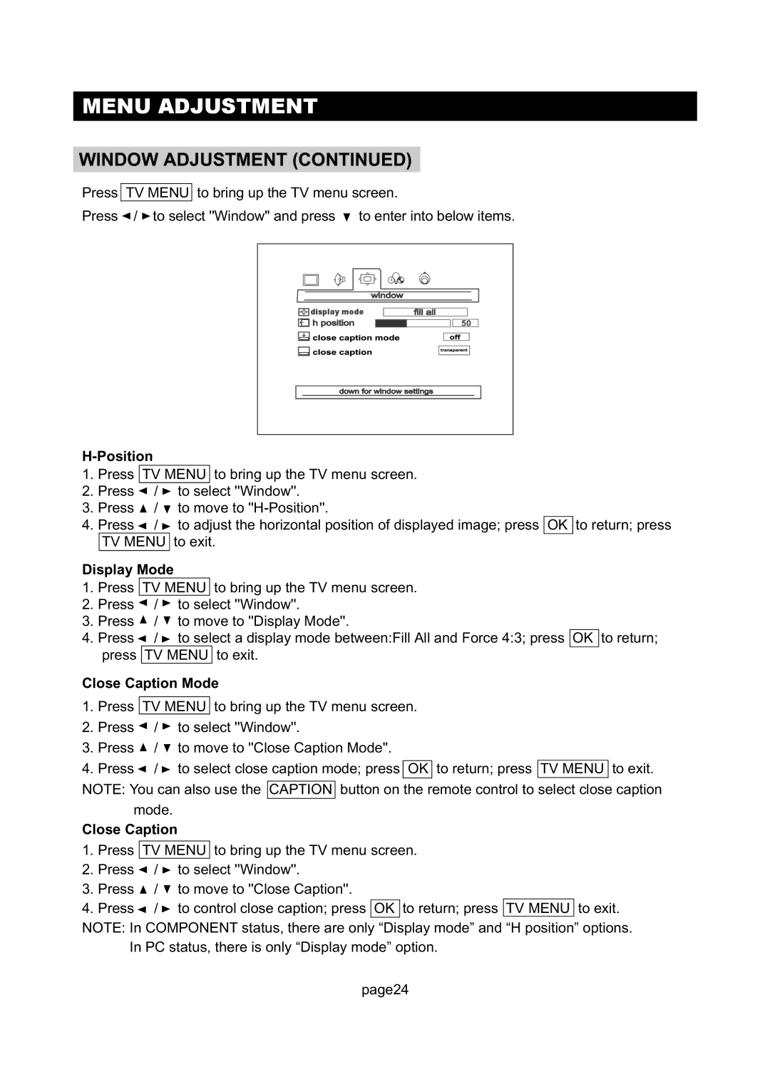 Initial DTV-172A manual Position, Display Mode, Close Caption Mode 