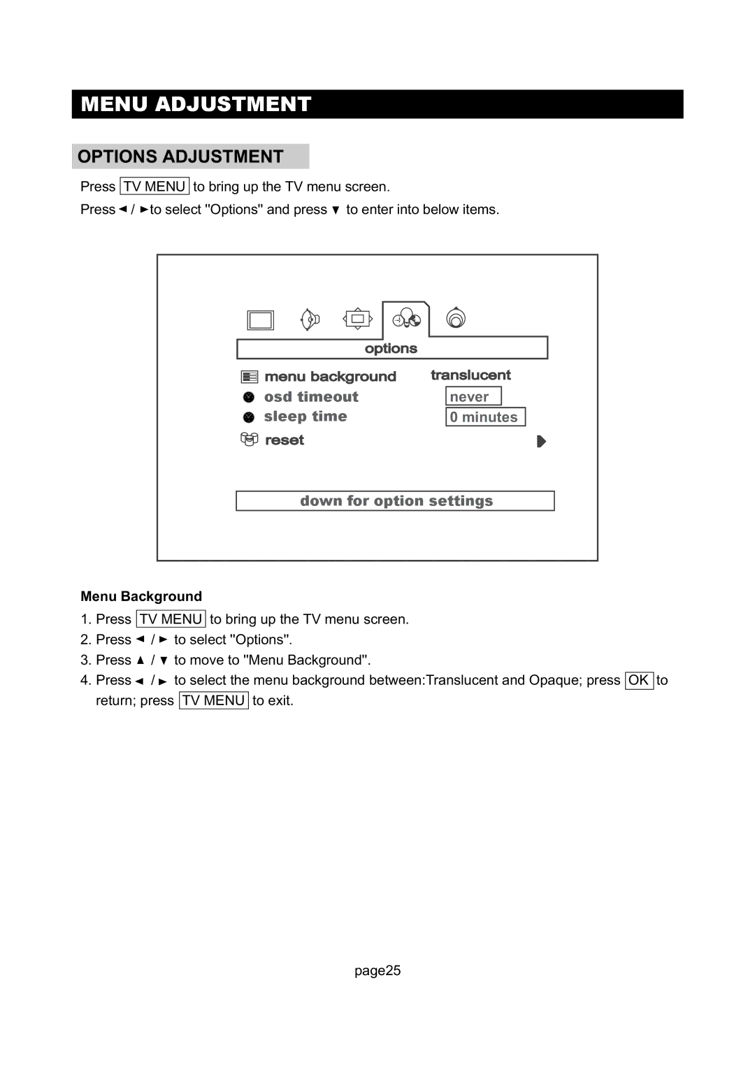 Initial DTV-172A manual Options Adjustment, Menu Background 