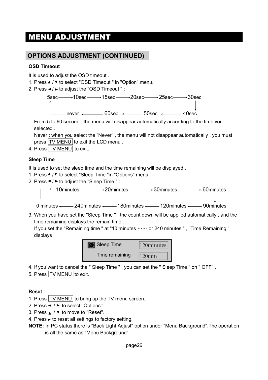 Initial DTV-172A manual OSD Timeout, Sleep Time, Reset 